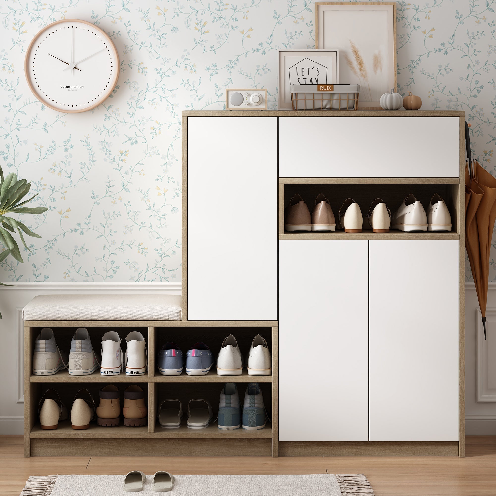 Shoe Storage Bench and Cabinet with Padded Seat, Adjustable Shelves, white