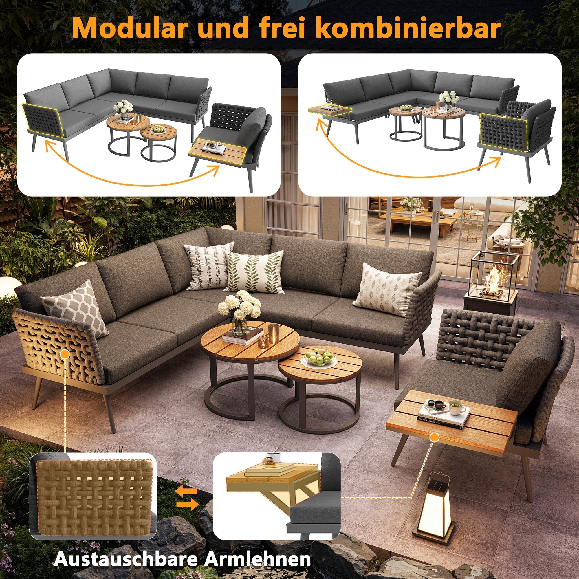 L-Shaped Garden Sofa Set with Coffee Tables and Armchairs, Grey and Beige