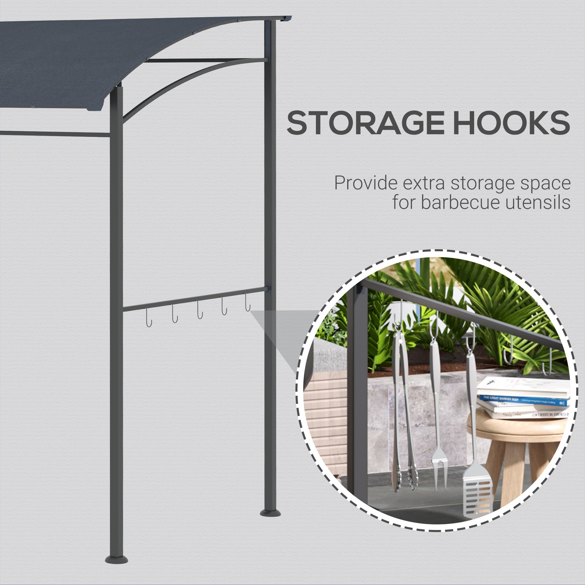 BBQ Grill Gazebo Tent 2.2 x 1.5m Metal Frame Curved Canopy 10 Hooks Grey