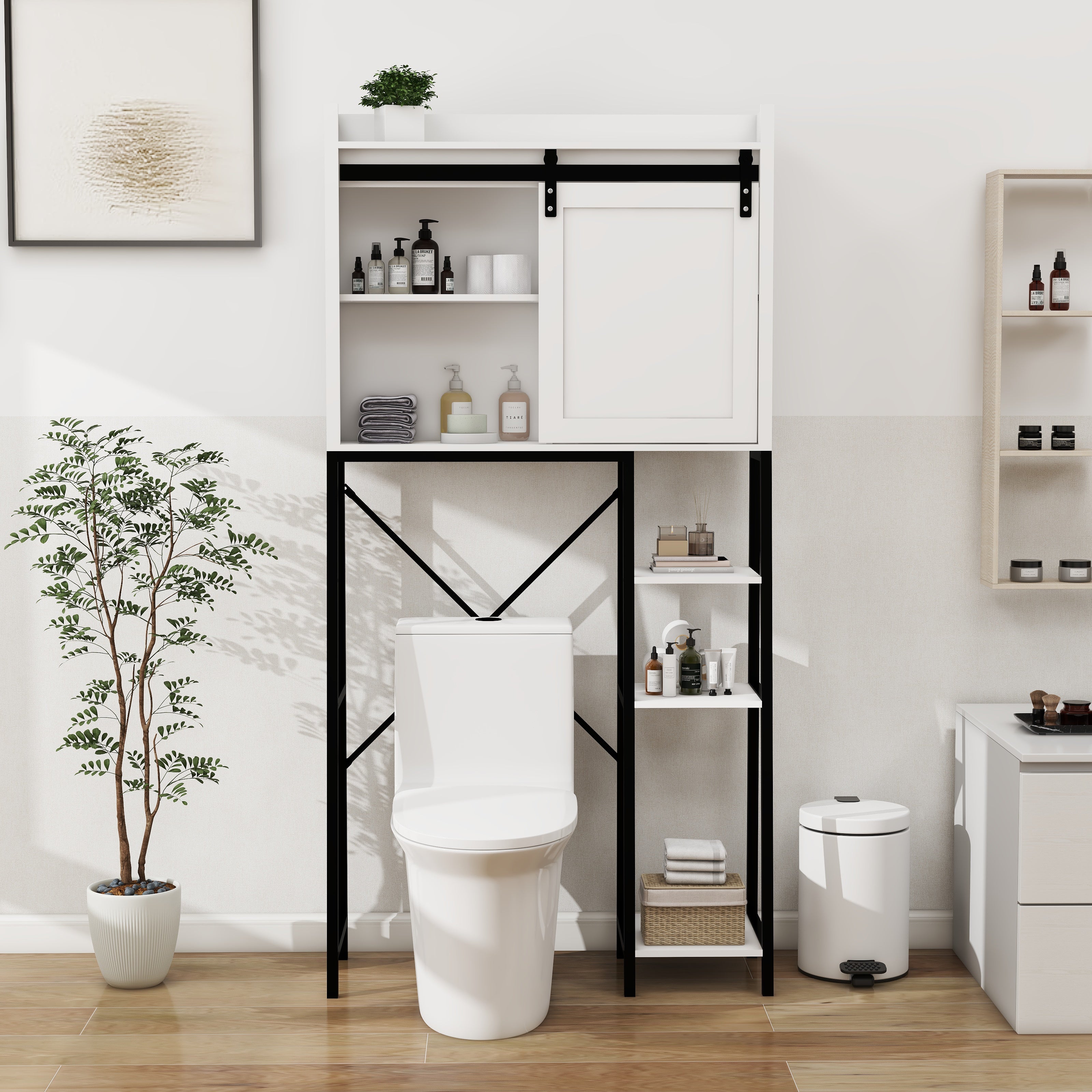 Toilettenschrank mit verschiebbarer Scheunentor & verstellbaren Regalböden – Weiß