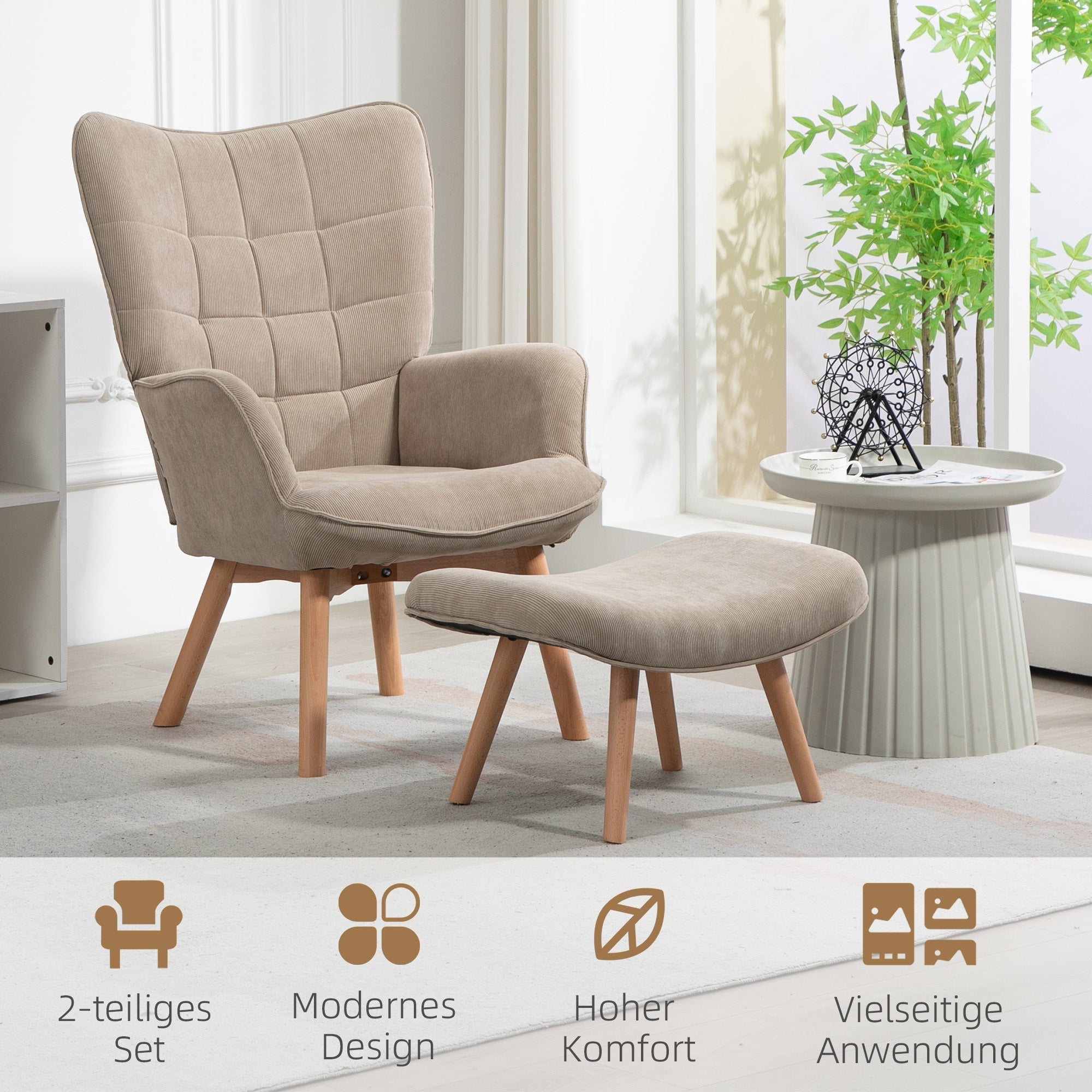 Ohrensessel mit Fußhocker, Polsterstuhl Beige Cord