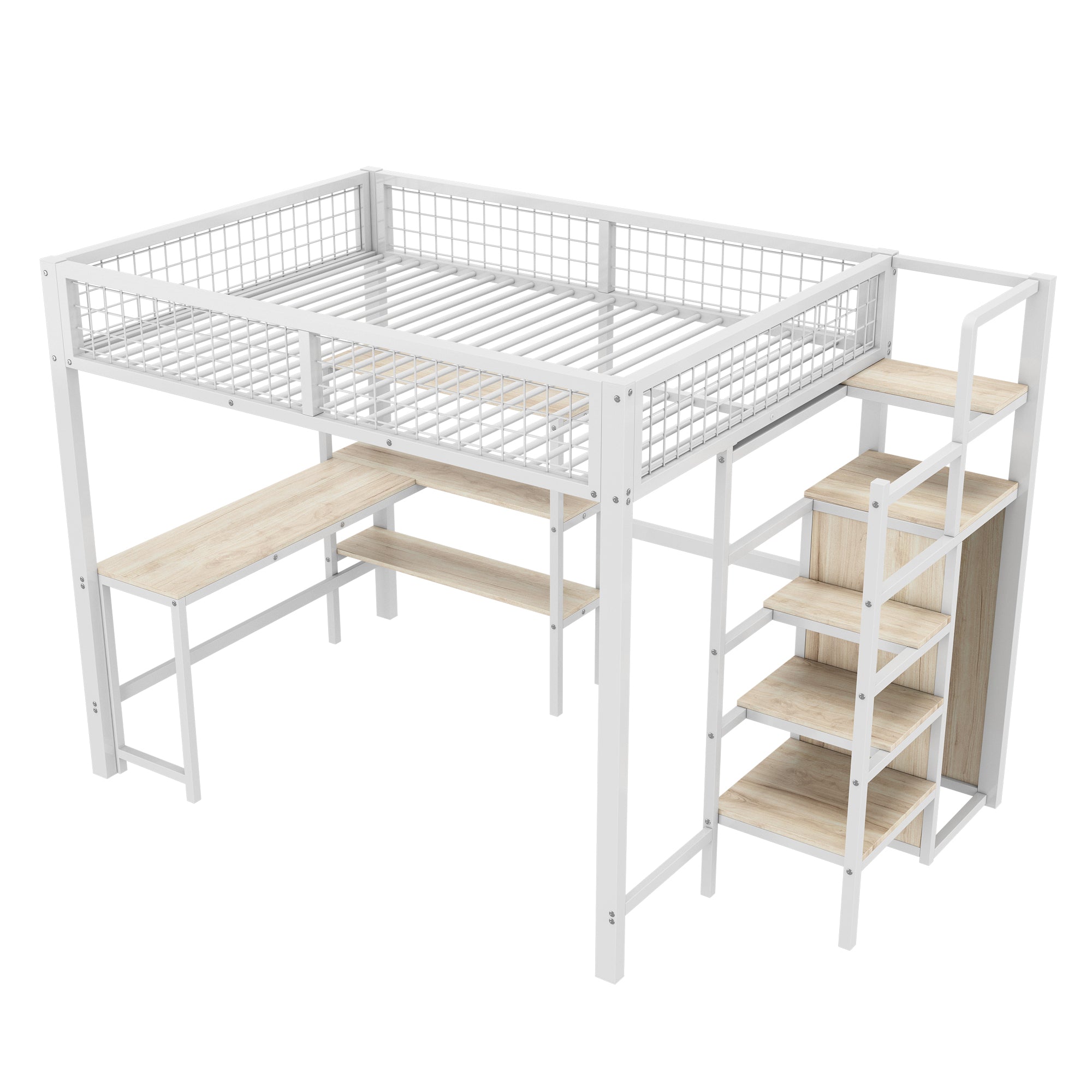 Loft Bed 140x200cm Iron Frame with Storage Ladder Shelves Wardrobe Desk White