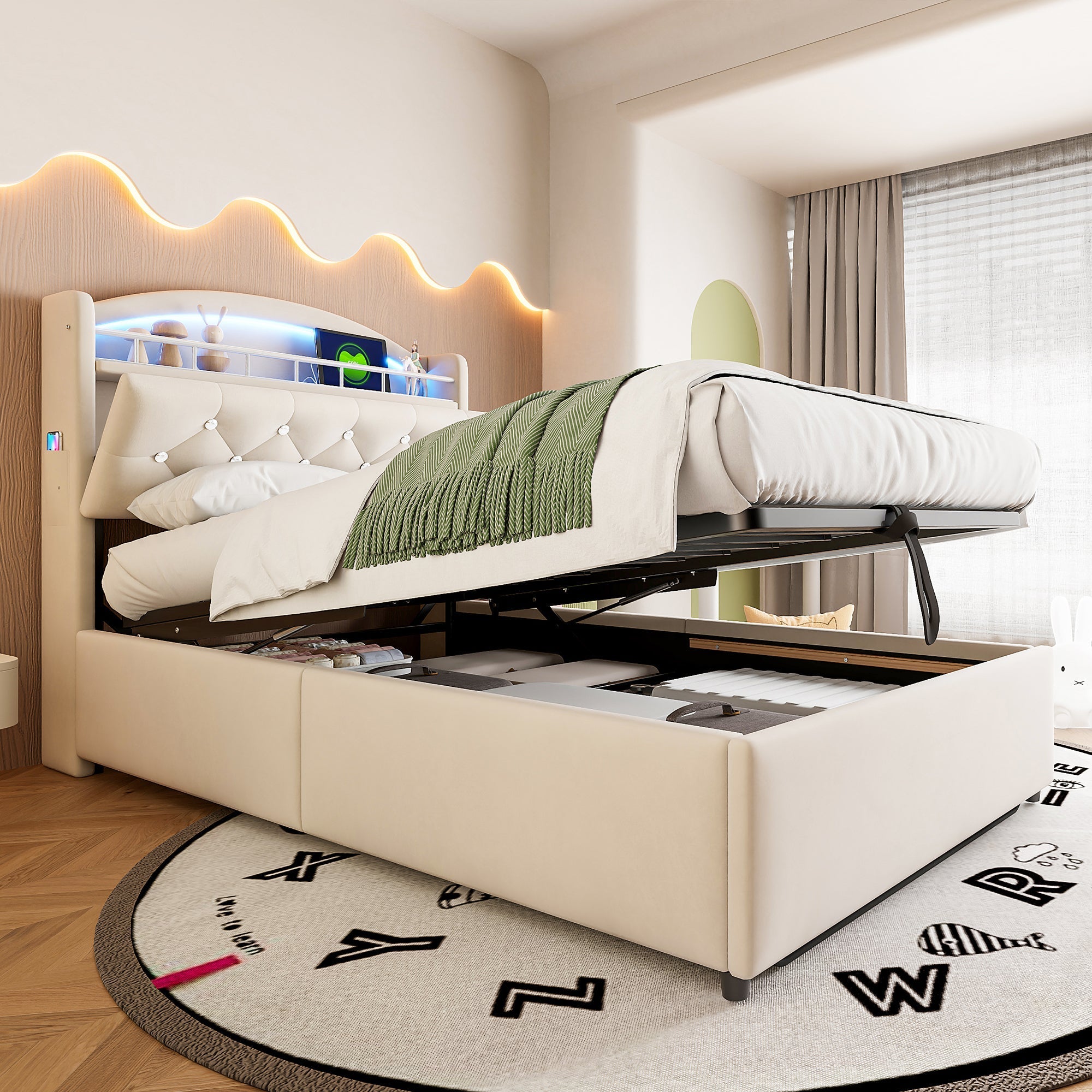 Children's Upholstered Bed 90x200, Multifunctional with Storage, LED & USB, Velvet Beige