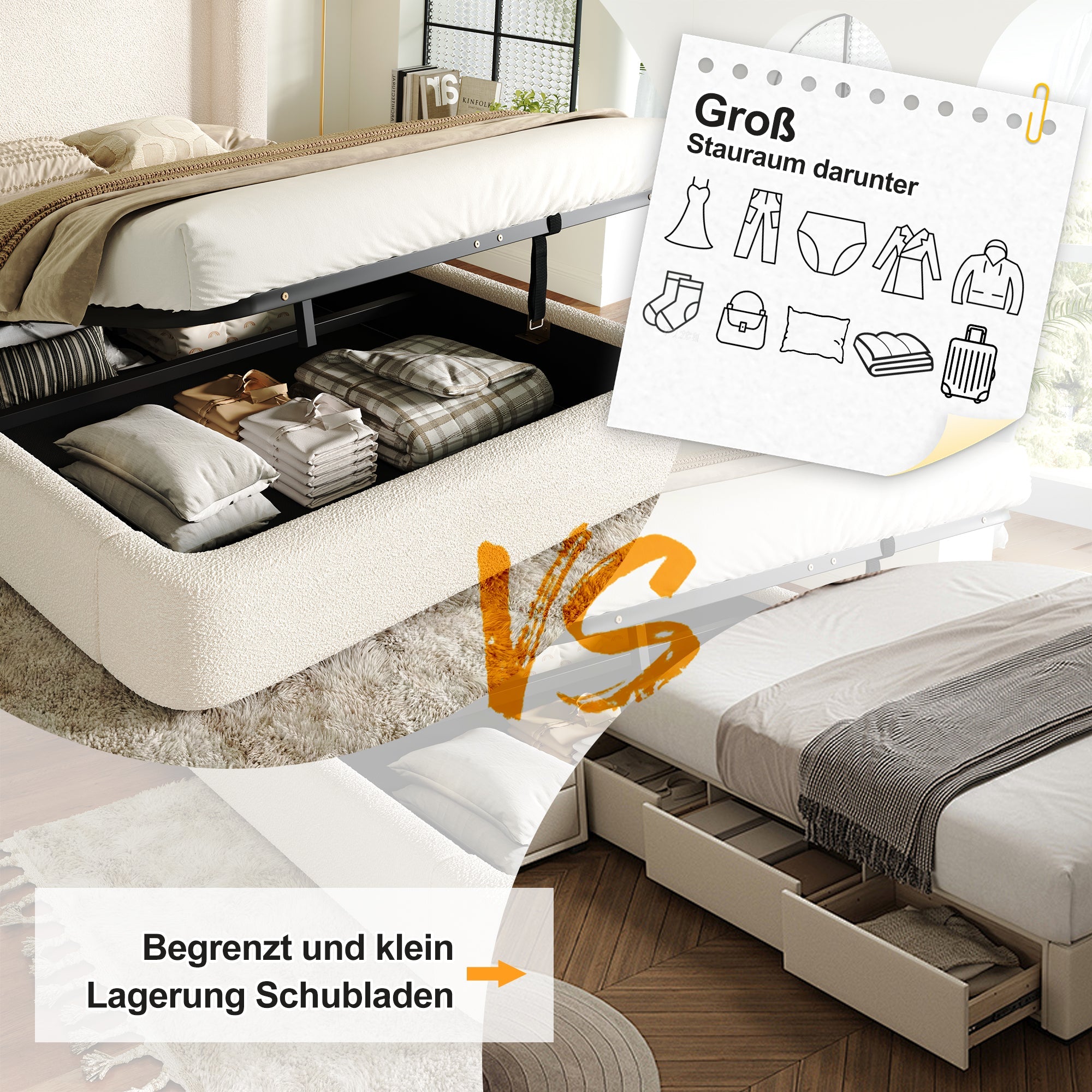 Upholstered Double Bed with Hydraulic Storage, Slatted Frame, and Headboard, Beige Bouclé, 160 x 200