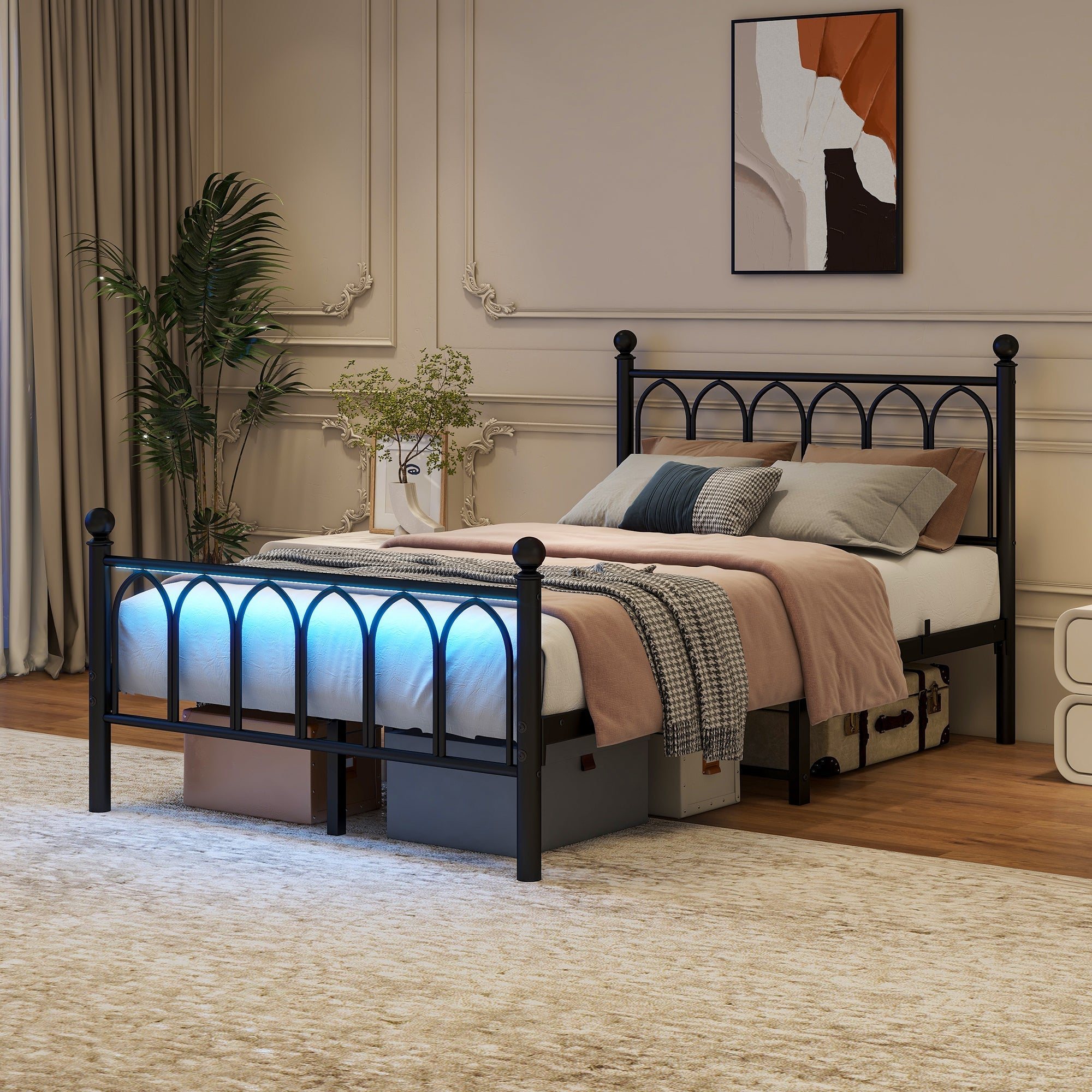 Metal Bed Frame with Vintage Headboard, Footboard, USB & LED, Black