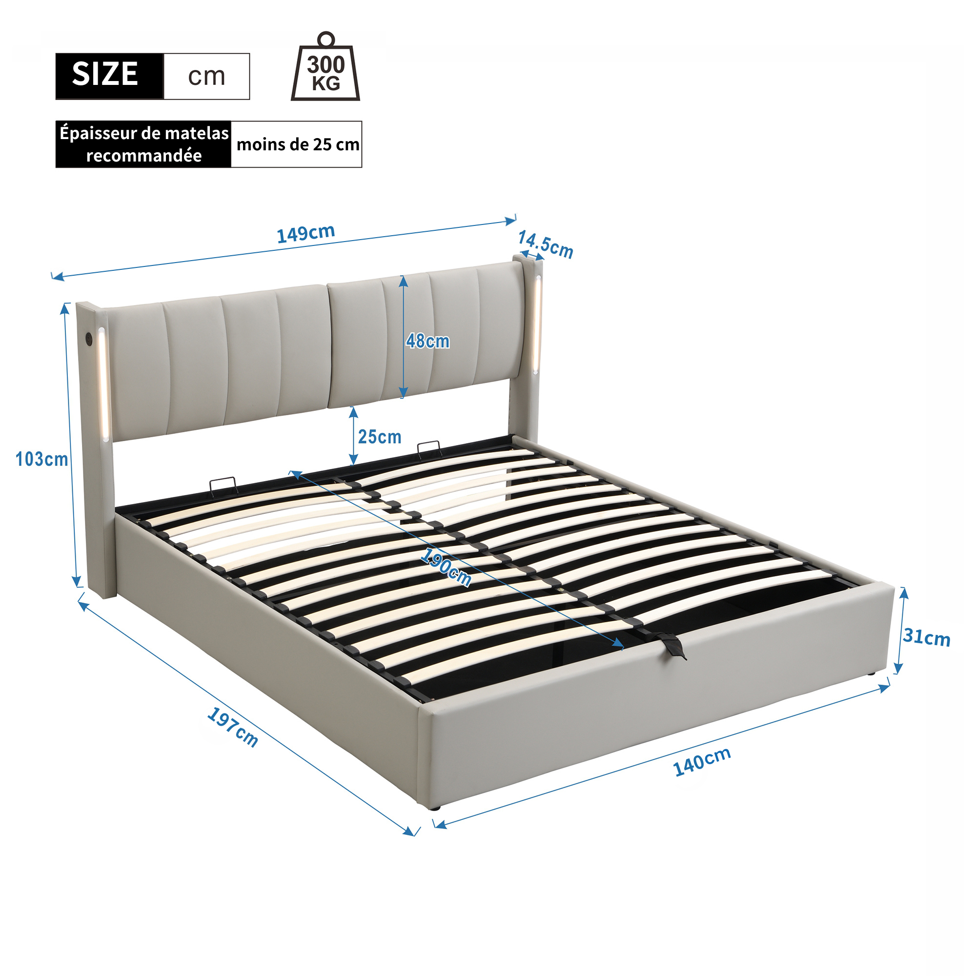 Upholstered Bed 140x190cm Hydraulic LED USB Storage Adjustable Headboard PU Gray
