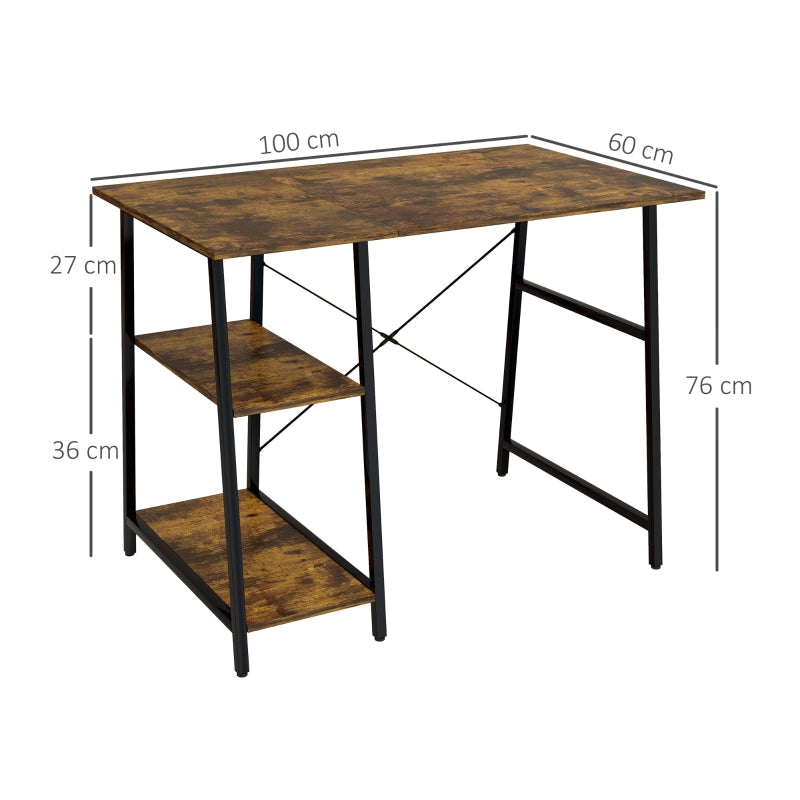 Computer Desk 100cm Storage 2 Tier Shelves Steel Frame Rustic Brown