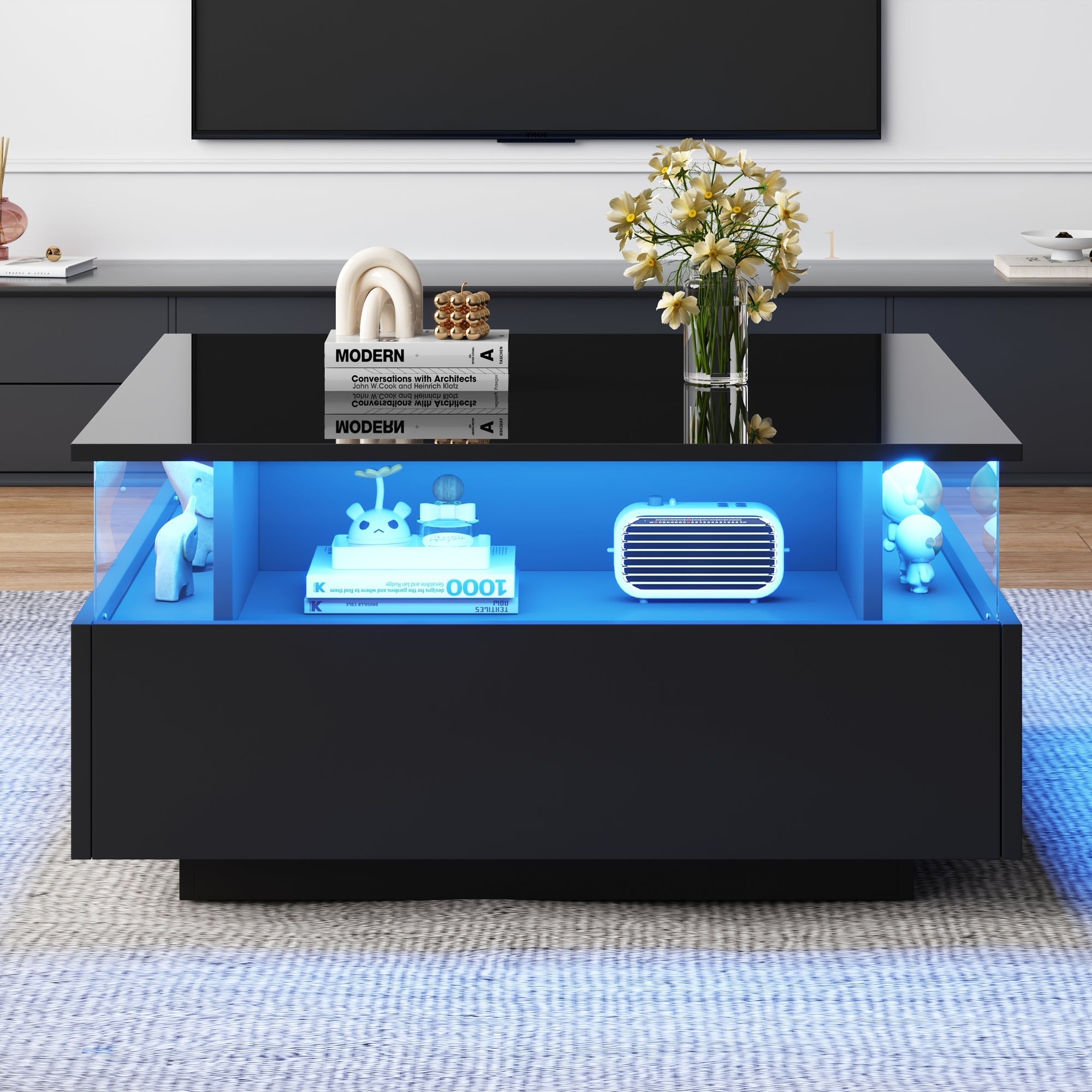 LED Coffee Table 70x70x41cm, 2 Drawers, Transparent Area, High-Gloss
