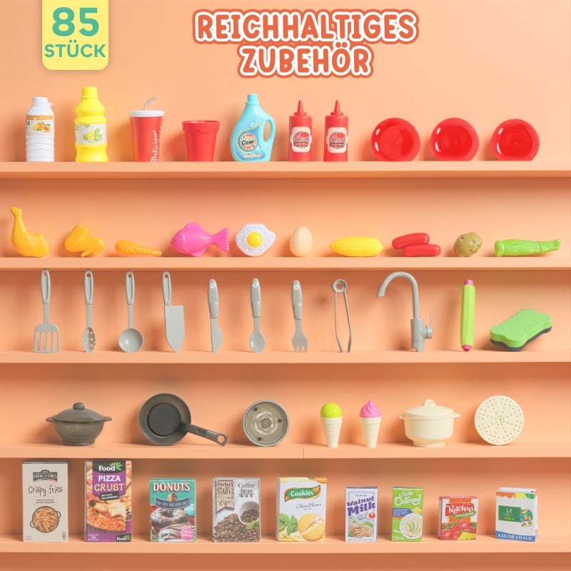 Play Kitchen, Running Water 85-Piece Set Lights Sounds Ages 3-6, Green Plastic