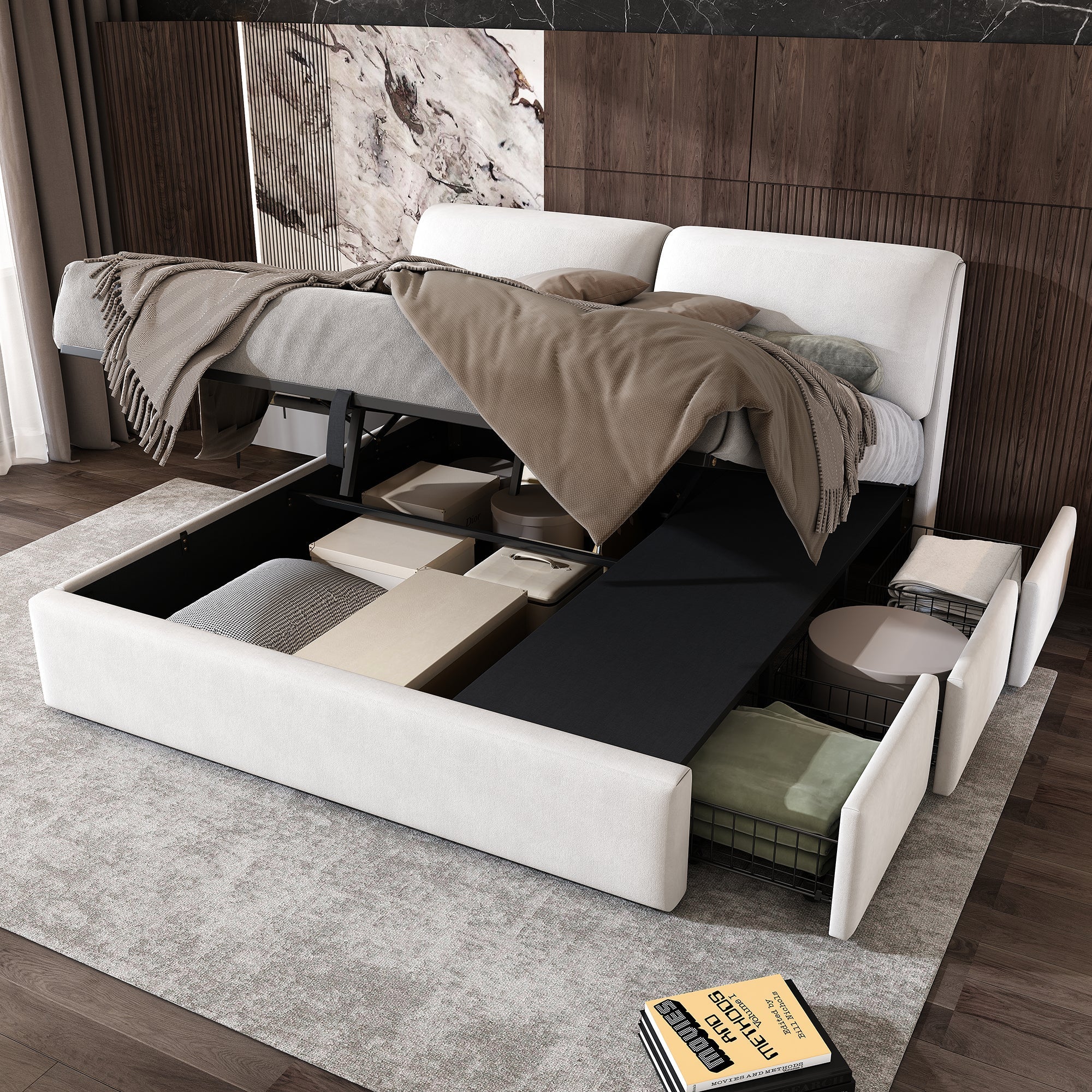 Upholstered Bed 180x200cm Hydraulic Storage 3 Drawers - Velvet Beige
