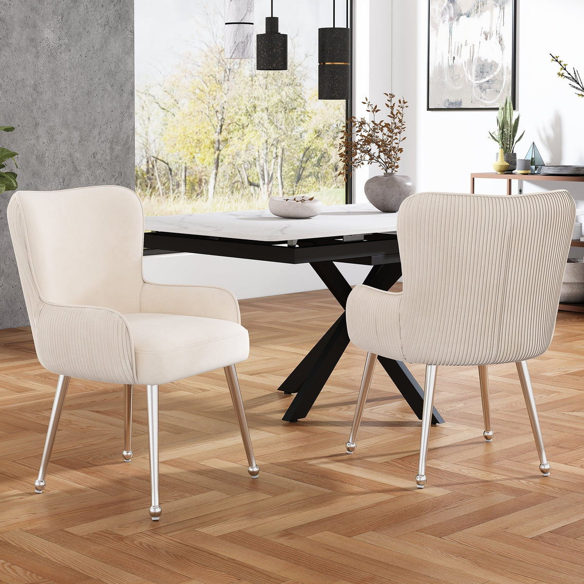 Velvet Dining Chair Set of 6 Lounge Armrests Lumbar Support - Beige Velvet