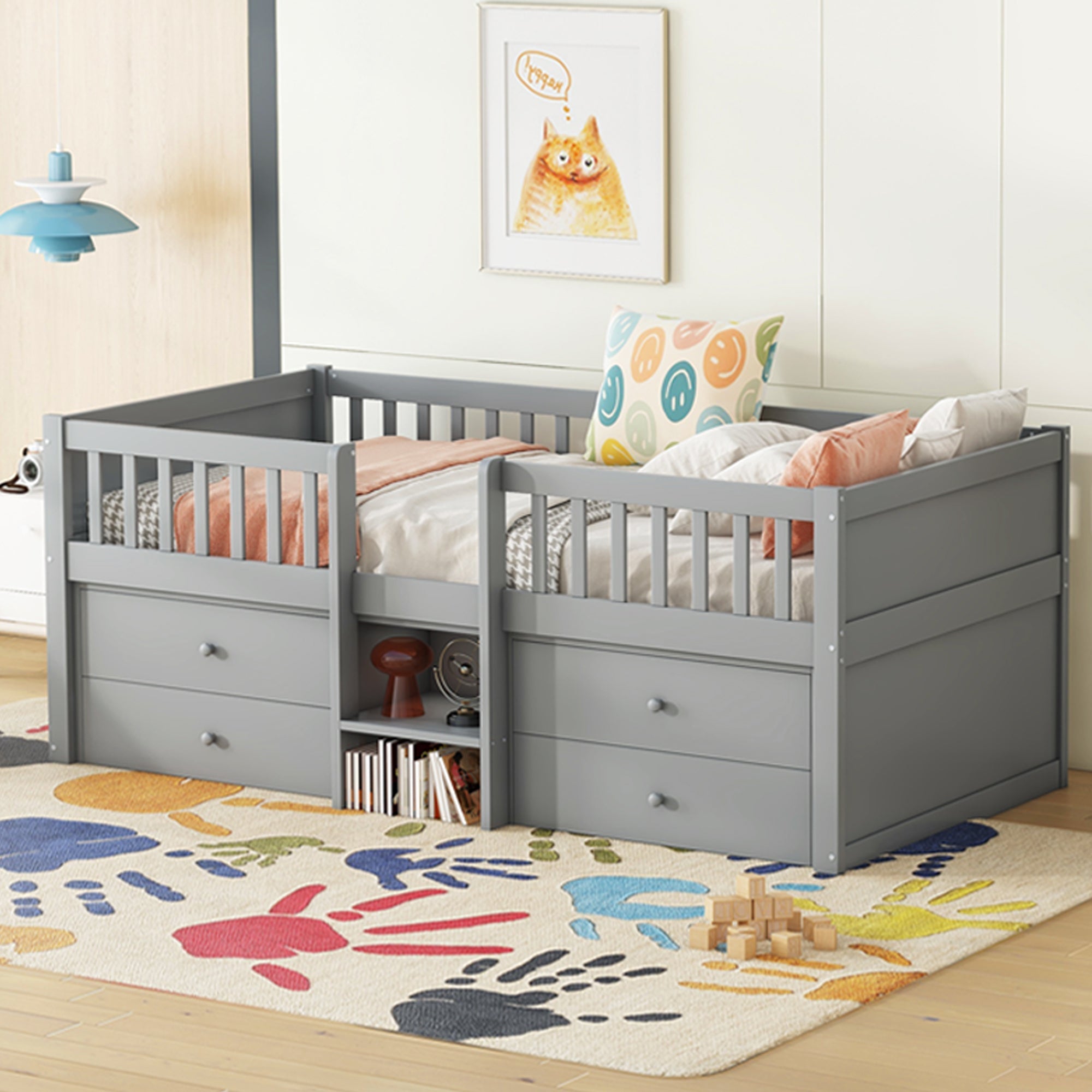 Mid-height Bed 90x200cm 4 Drawers Ladder - Pine Wood Grey