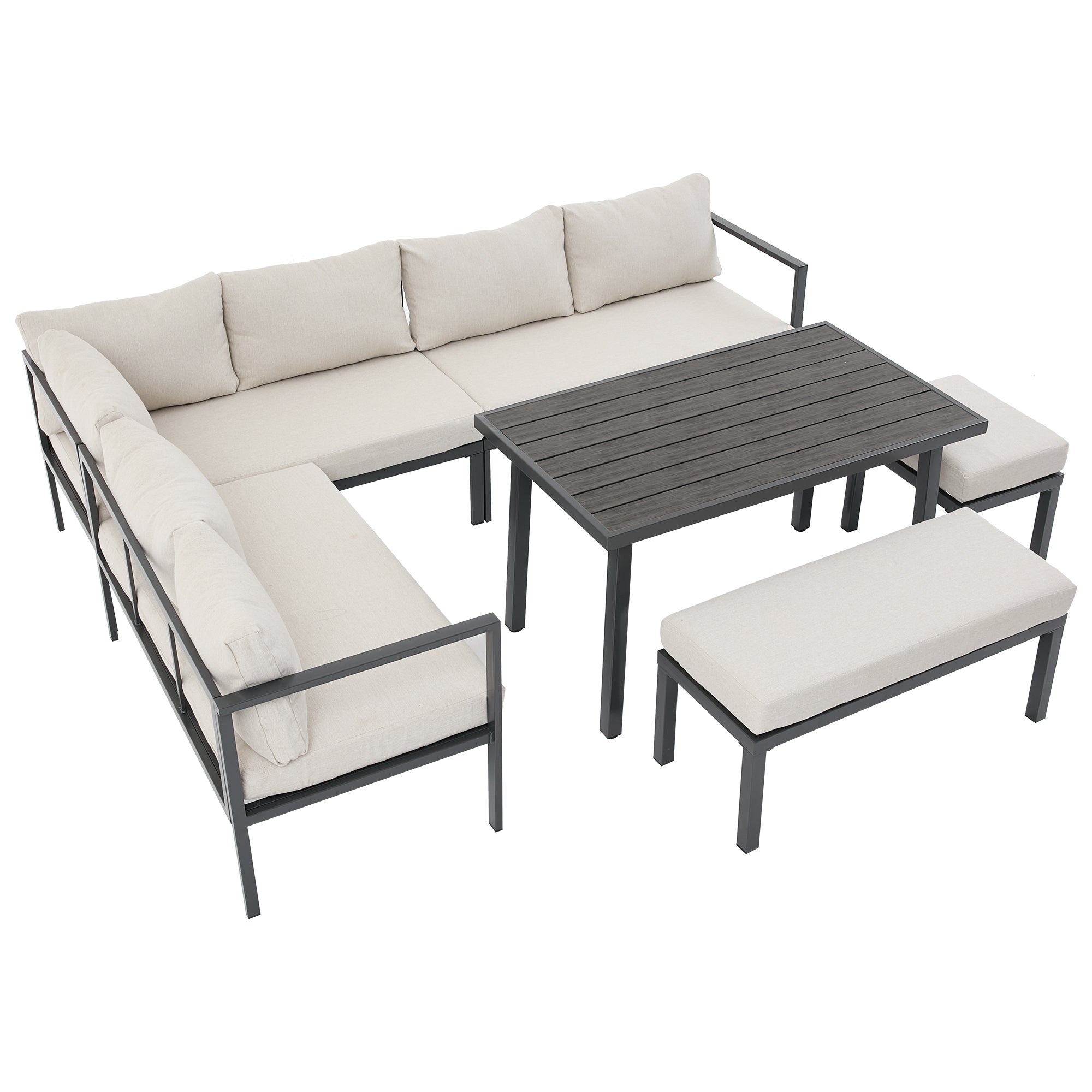 Garden Dining Set, 9-Person Corner Configuration with Table, Benches, Chairs and Sofas, Beige Plastic-Wood Tabletop