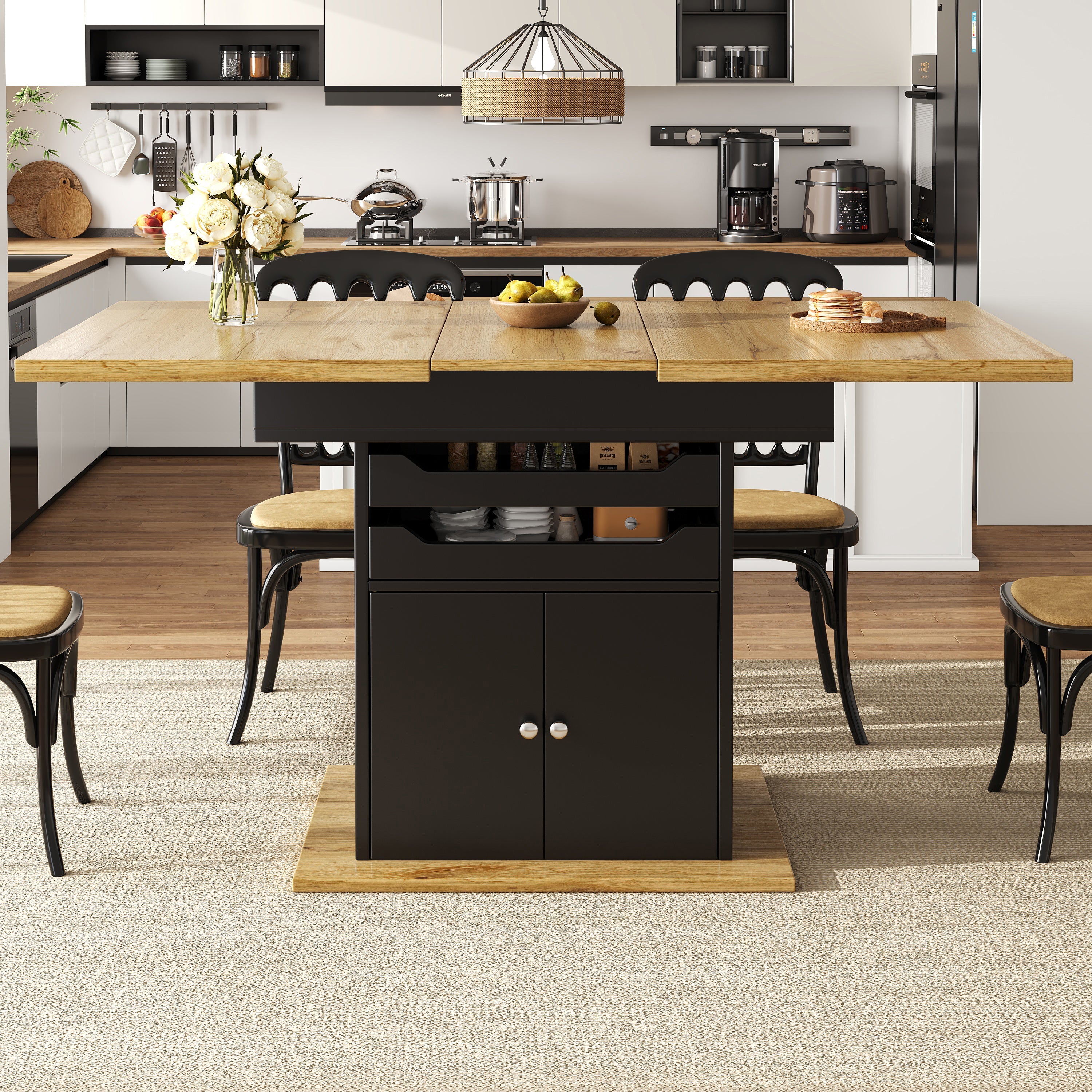 Telescopic Dining Table, Extendable Foldable 4-6 Person Storage, MDF Metal