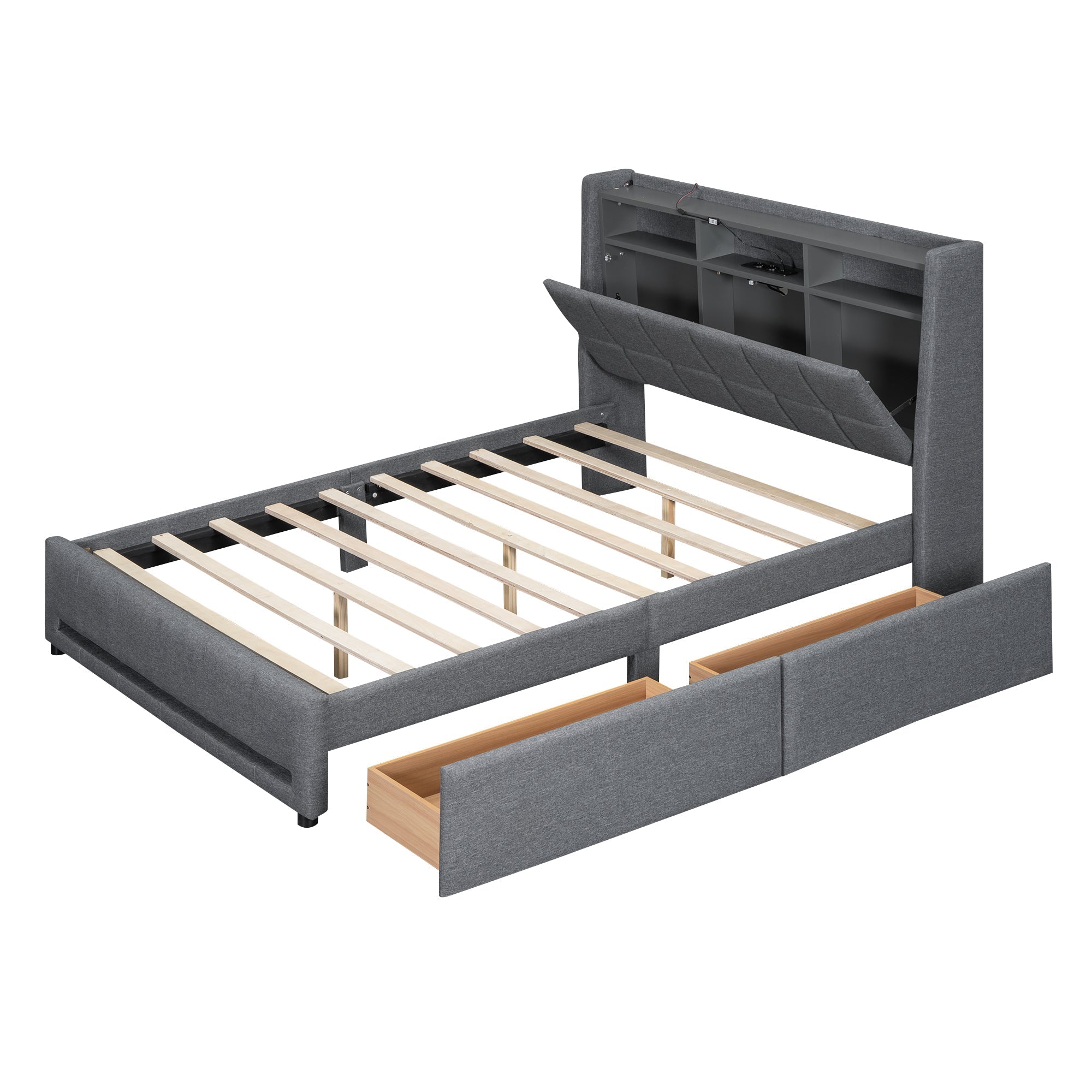Upholstered Bed 140x200cm LED Light, Drawers, USB/Socket, Built-in Storage - Linen Grey