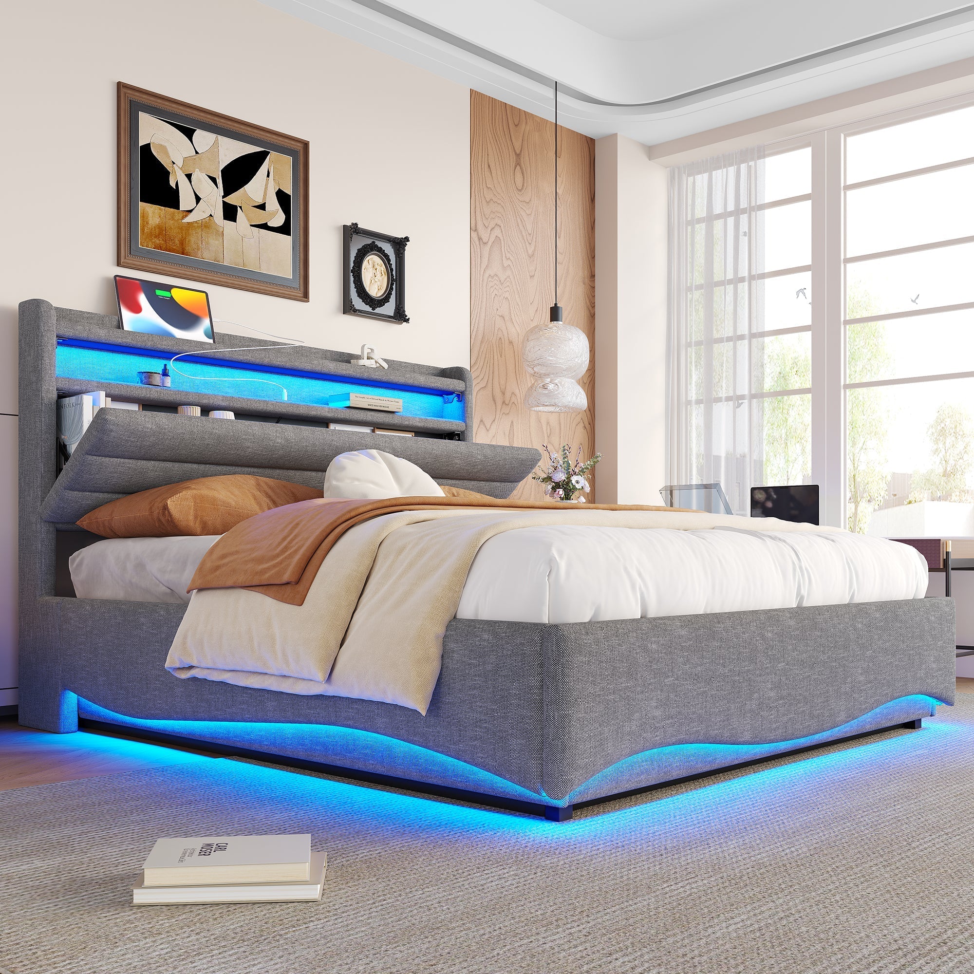 Upholstered Bed with LED Lighting, Hydraulic Storage and USB Ports, Grey Linen Fabric