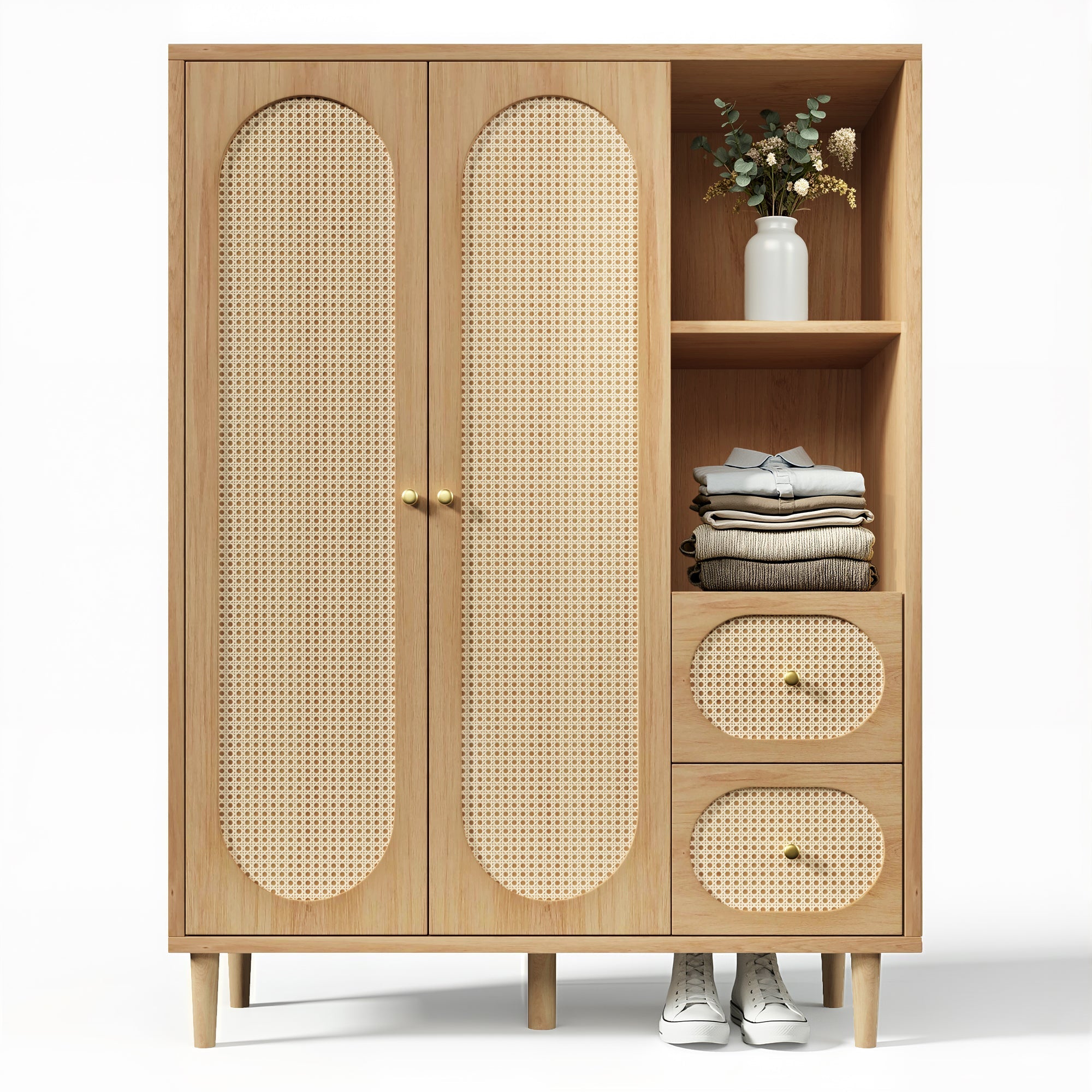 Country-Style Wardrobe with 2 Doors, 2 Drawers and Open Shelves, 161x120x44cm, Oak Wood