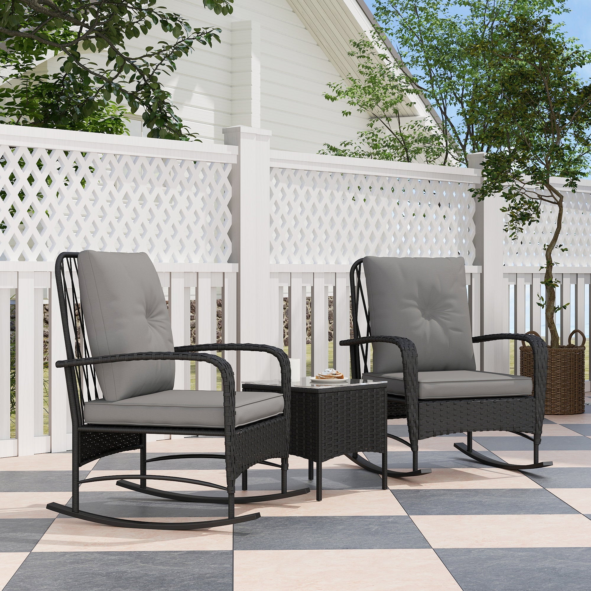 Three-Piece Bistro Set, Rocking Chair Rattan, Black