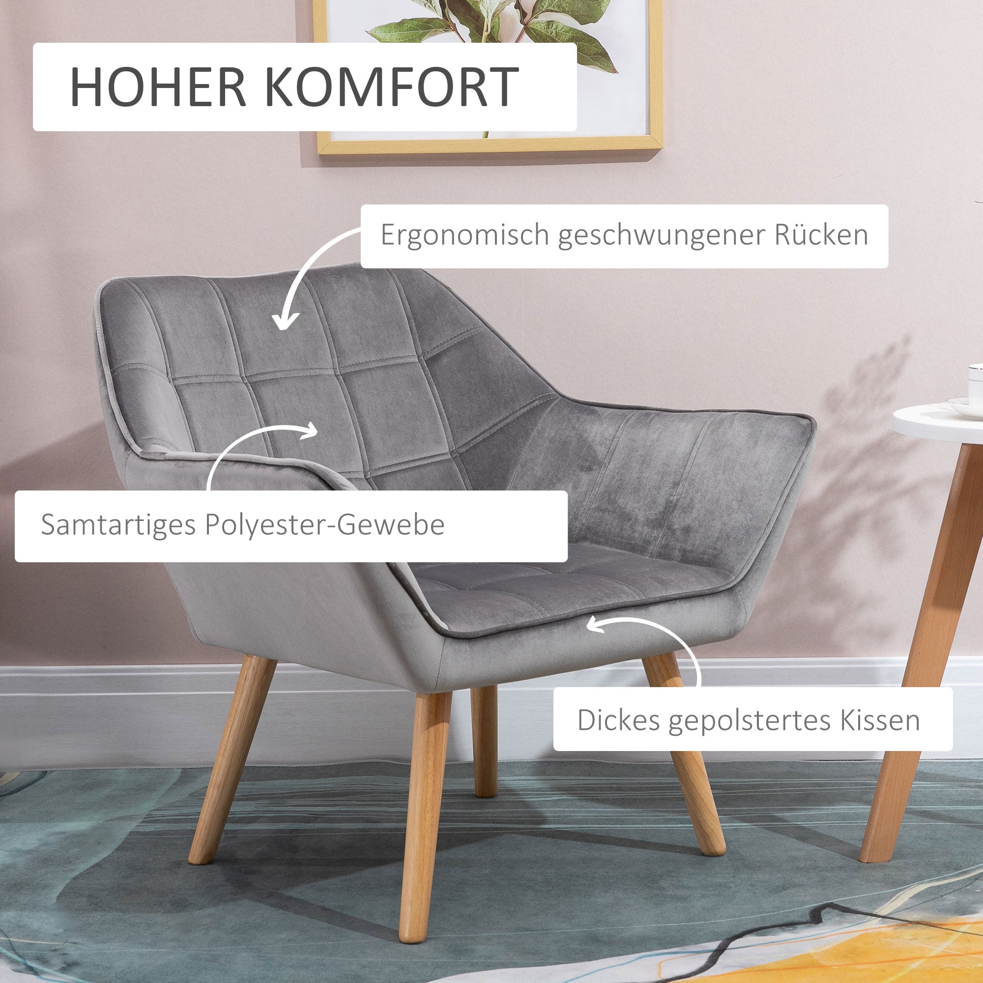 Ohrensessel, Einzelsessel mit erhöhten Beinen, Samt Grau