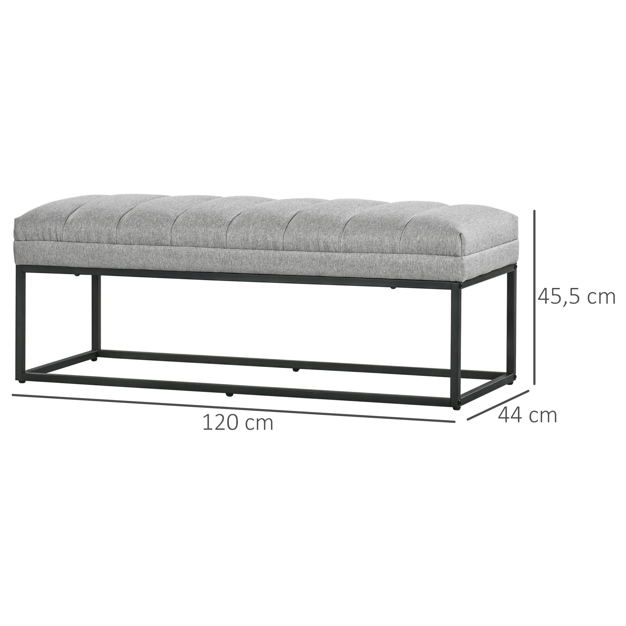 Linen look upholstered bench for bedroom, bed bench, dressing table, 200 kg, light grey steel