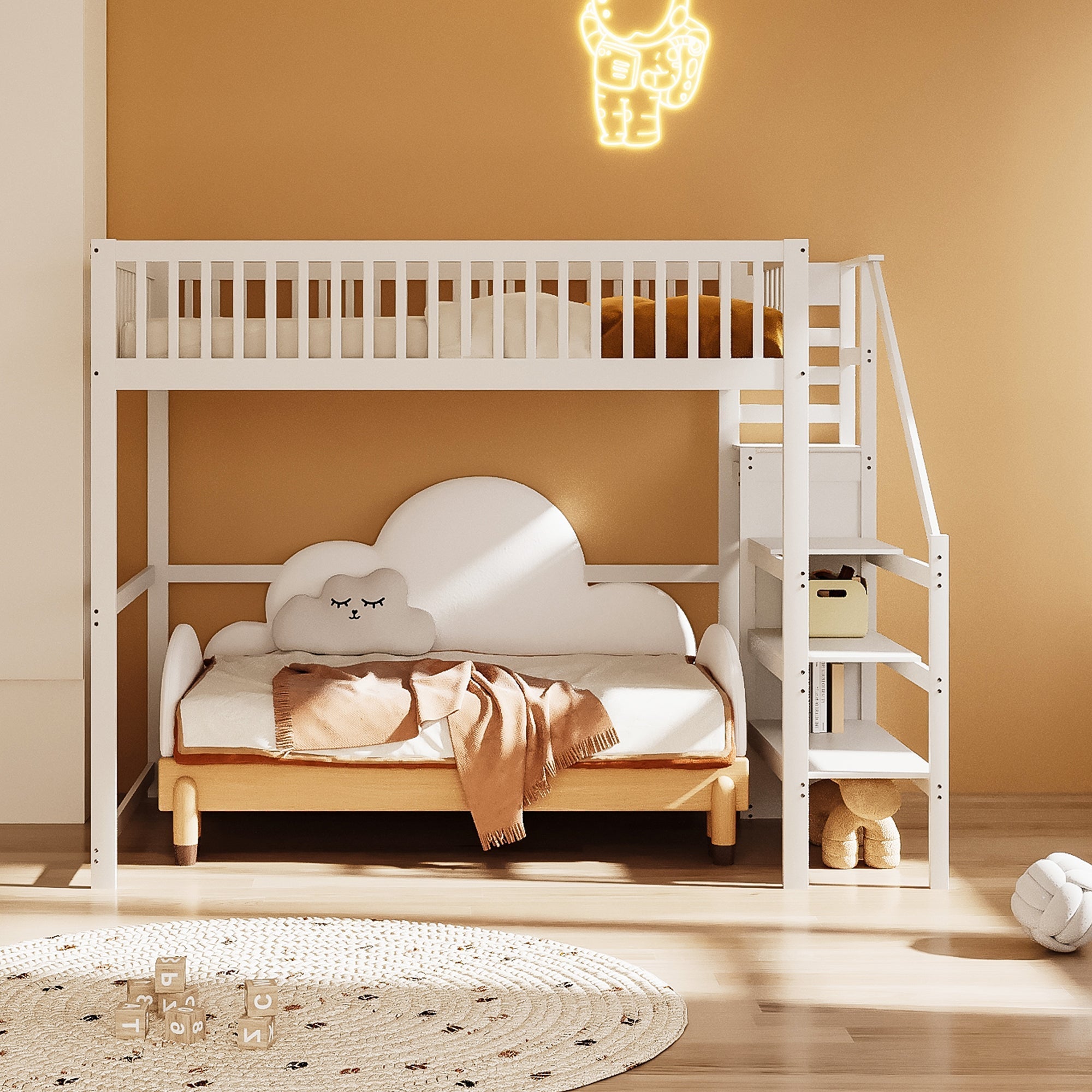Loft Bed, 140x200 with Stairs, Storage, Wardrobe, White Wood