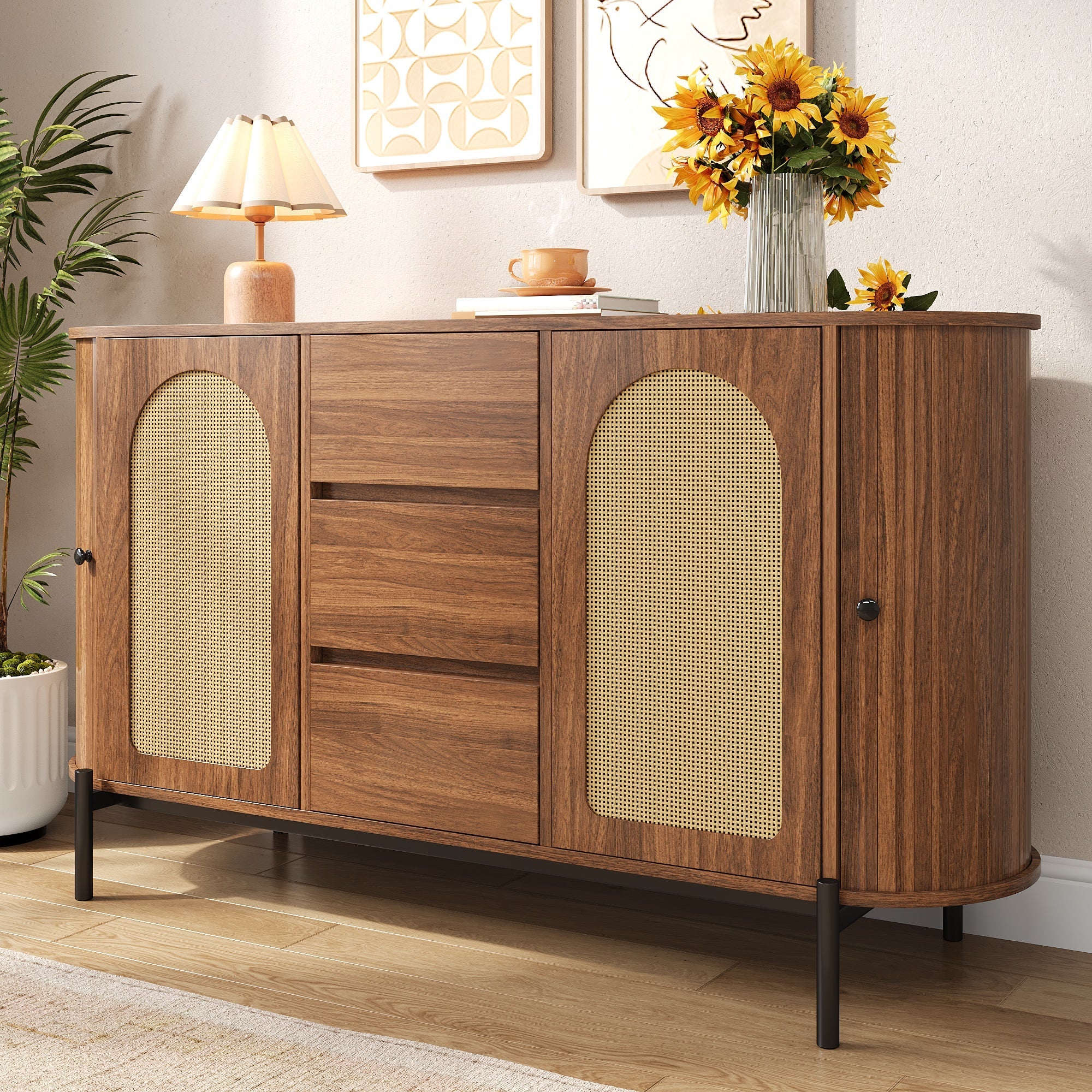 Oval Sideboard with Rattan Sliding Doors and Drawers, Wood Look and Metal