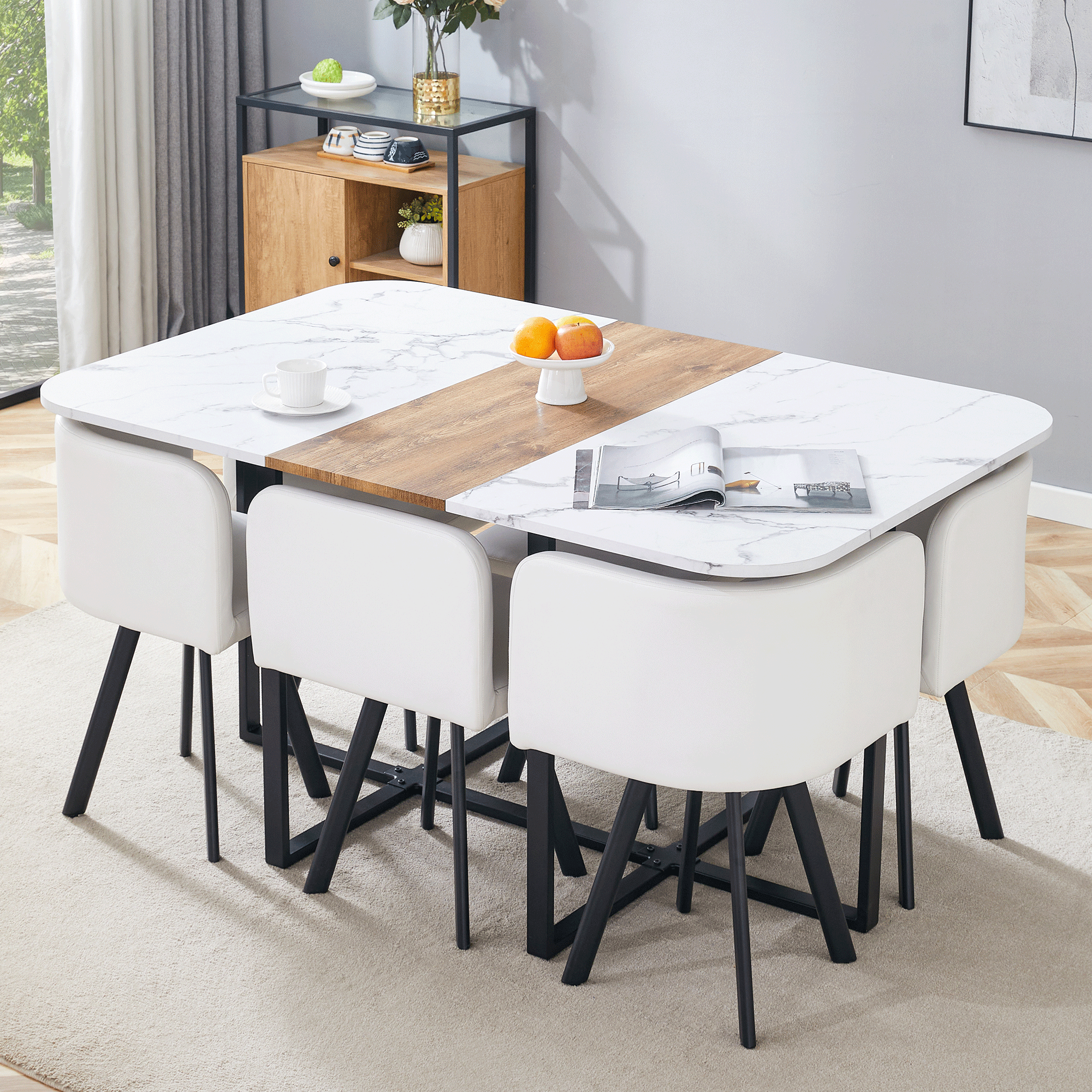 Dining Table Set Extendable Folding Table Chairs 4-6 Person White and Black