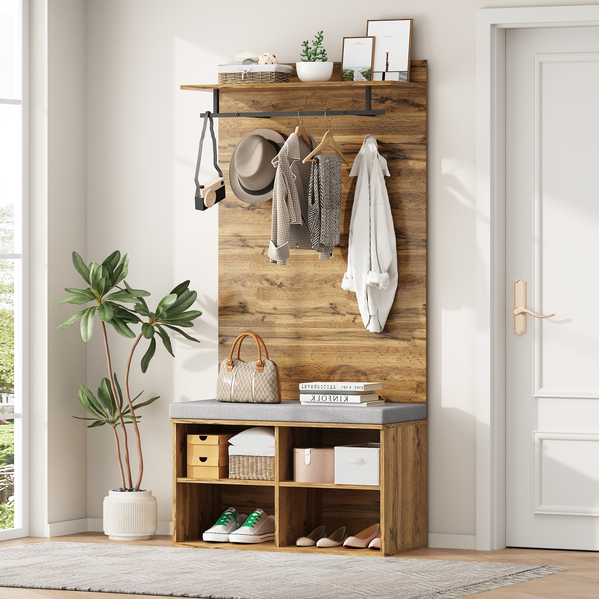 Wardrobe Set with Shoe Bench, Adjustable Shelf & Clothes Rail, 175cm High, Wood Look