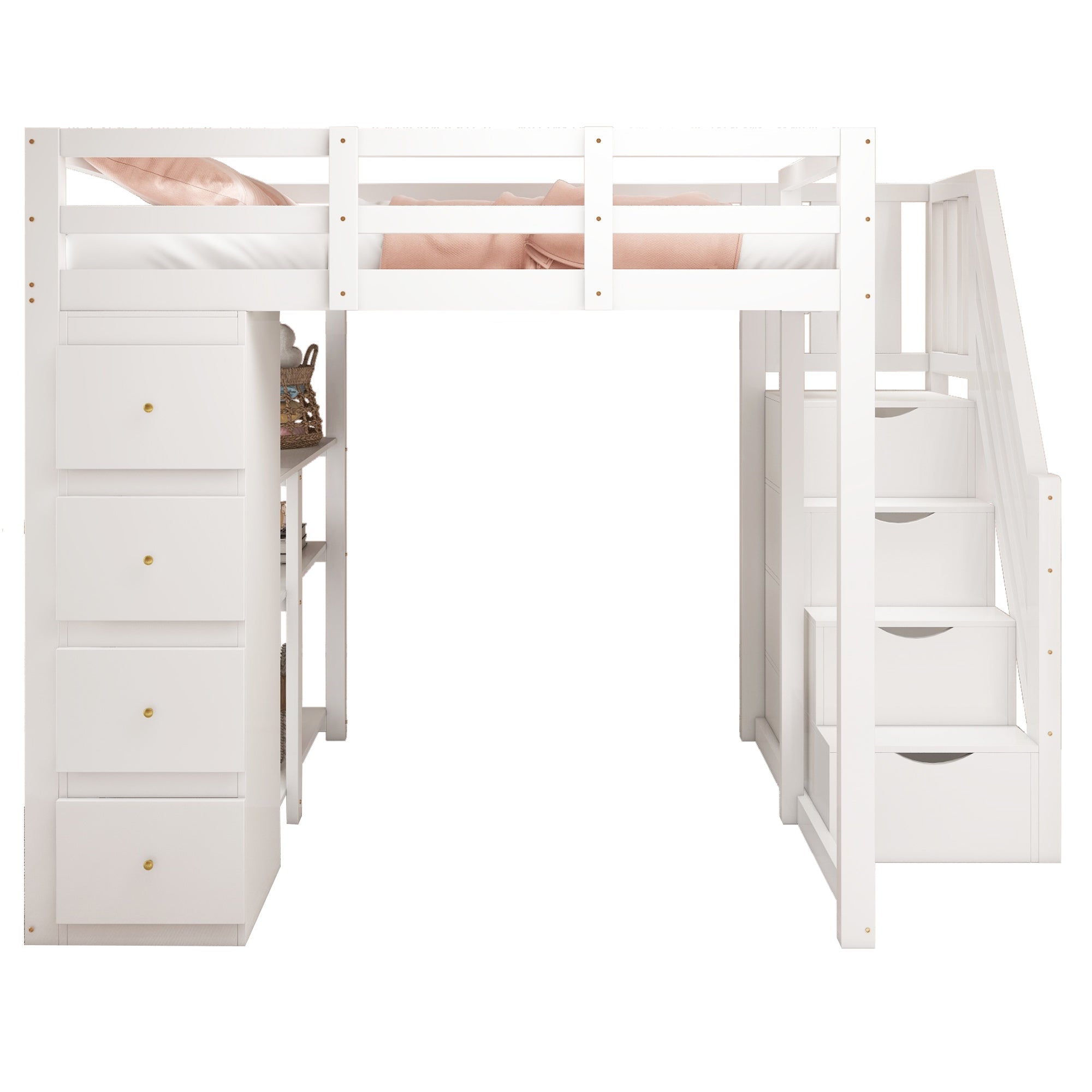 Loft Bed, 140x200cm with Storage, Ladder & Shelves, White Solid Wood