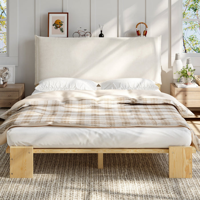 Upholstered Bed with Padded Headboard and Sturdy Slatted Base, 140x200cm, Natural Pine