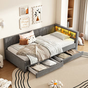 Daybed Sofa Bed 90x200cm Storage Compartment USB/Type C Two Drawers Linen Grey