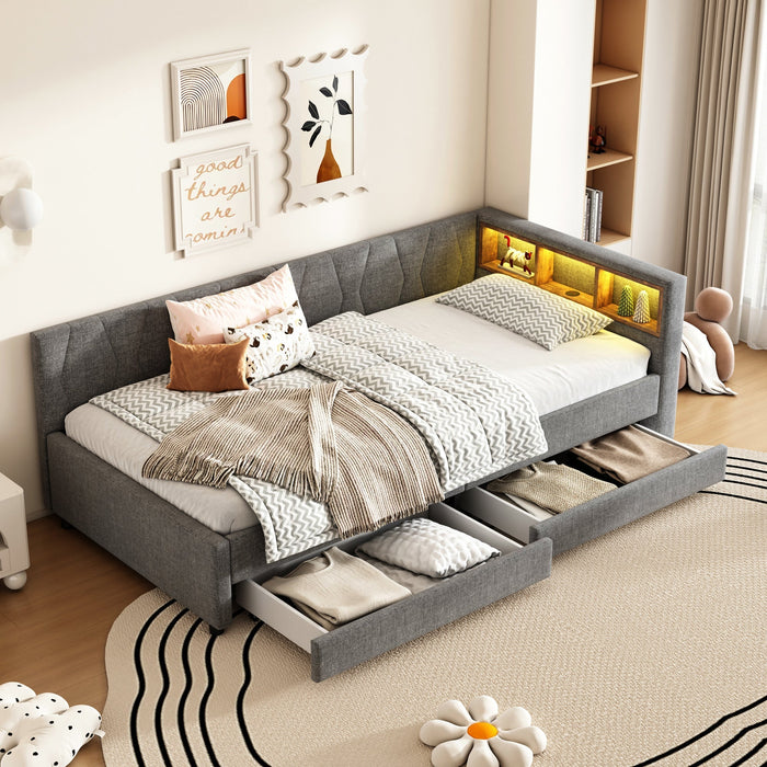 Daybed Sofa Bed 90x200cm Storage Compartment USB/Type C Two Drawers Linen Grey