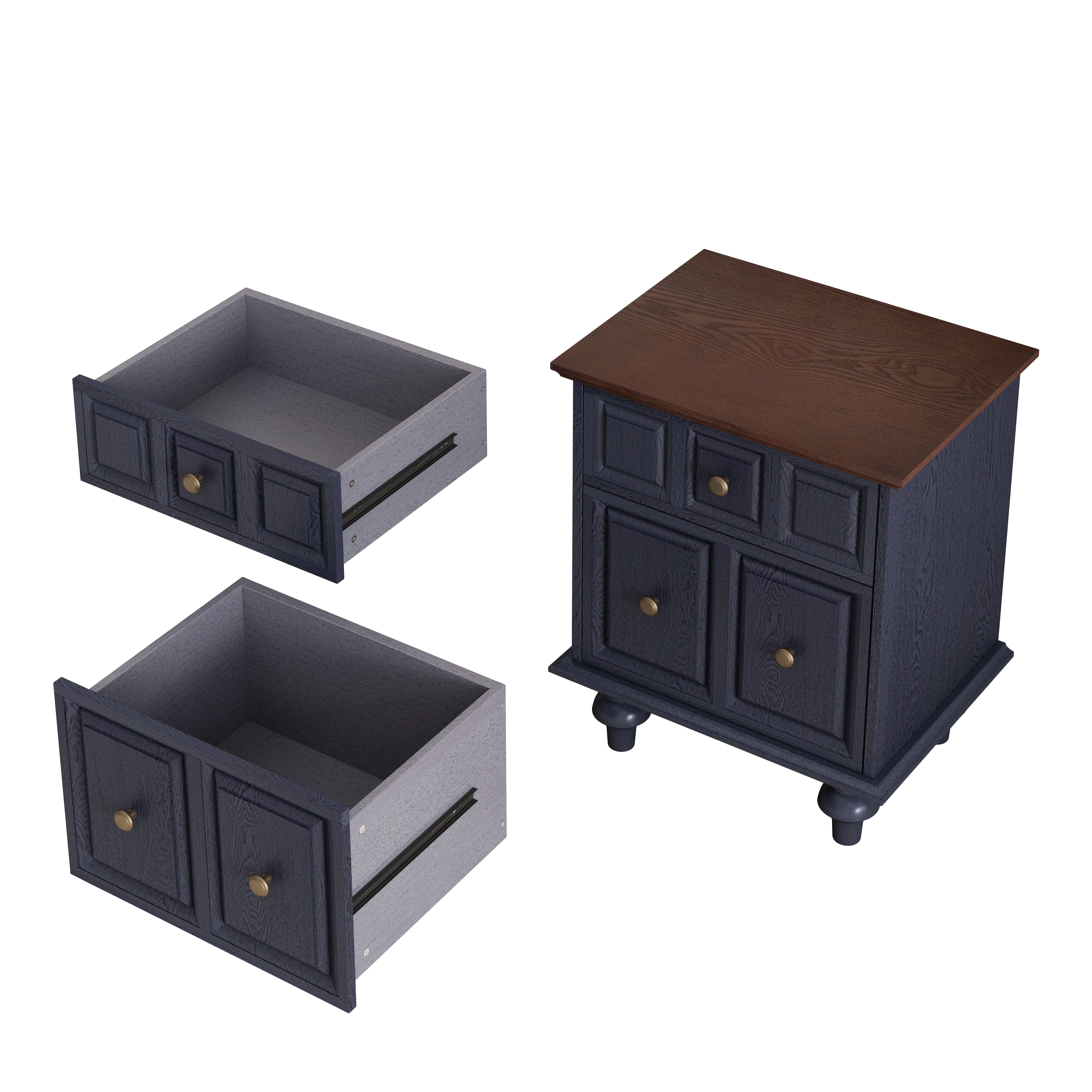 Vintage Bedside Table 52CM with 2 Drawers Roman Column Legs Solid Wood Dark Blue