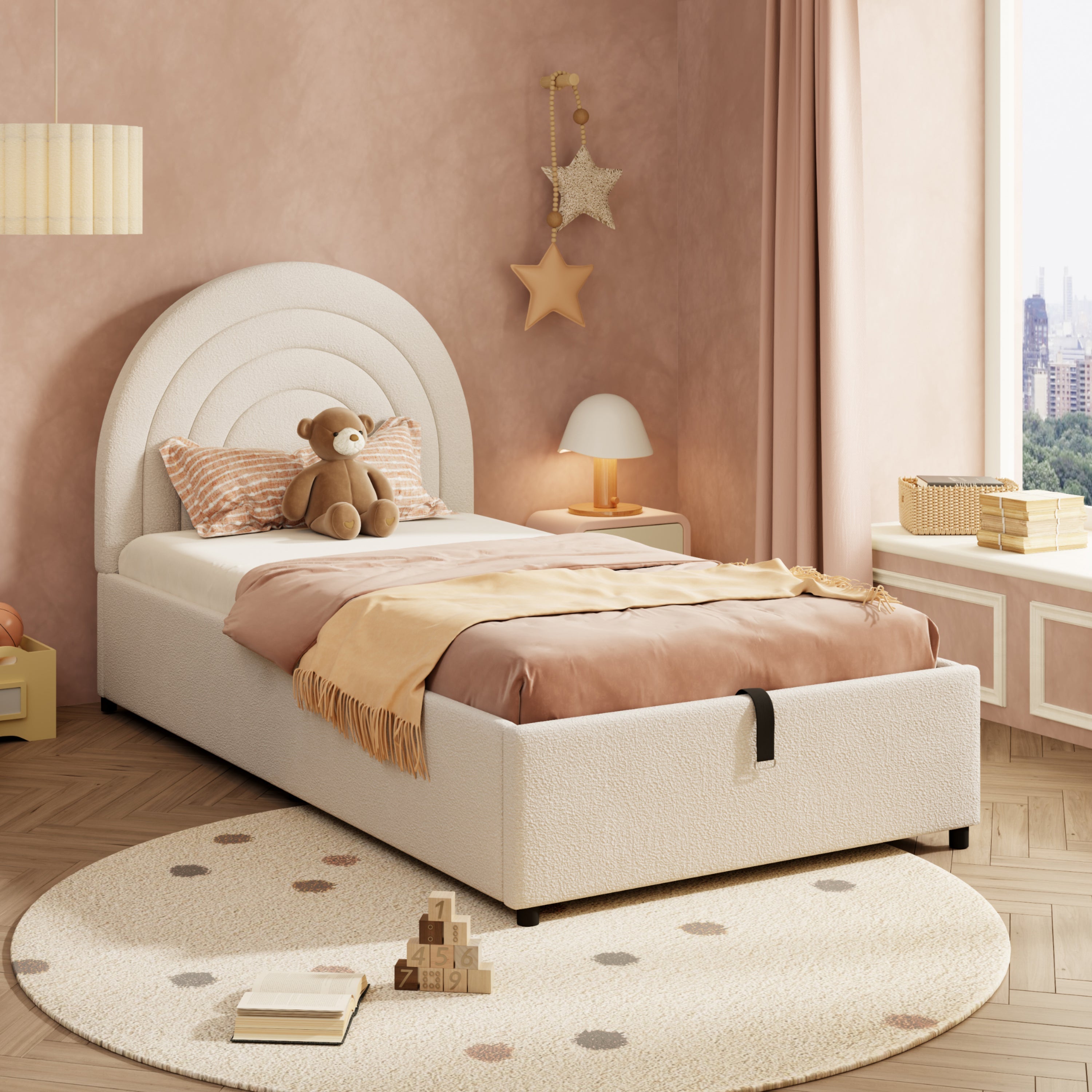 Upholstered Single Bed with Slatted Frame and Headboard, Boucle Beige