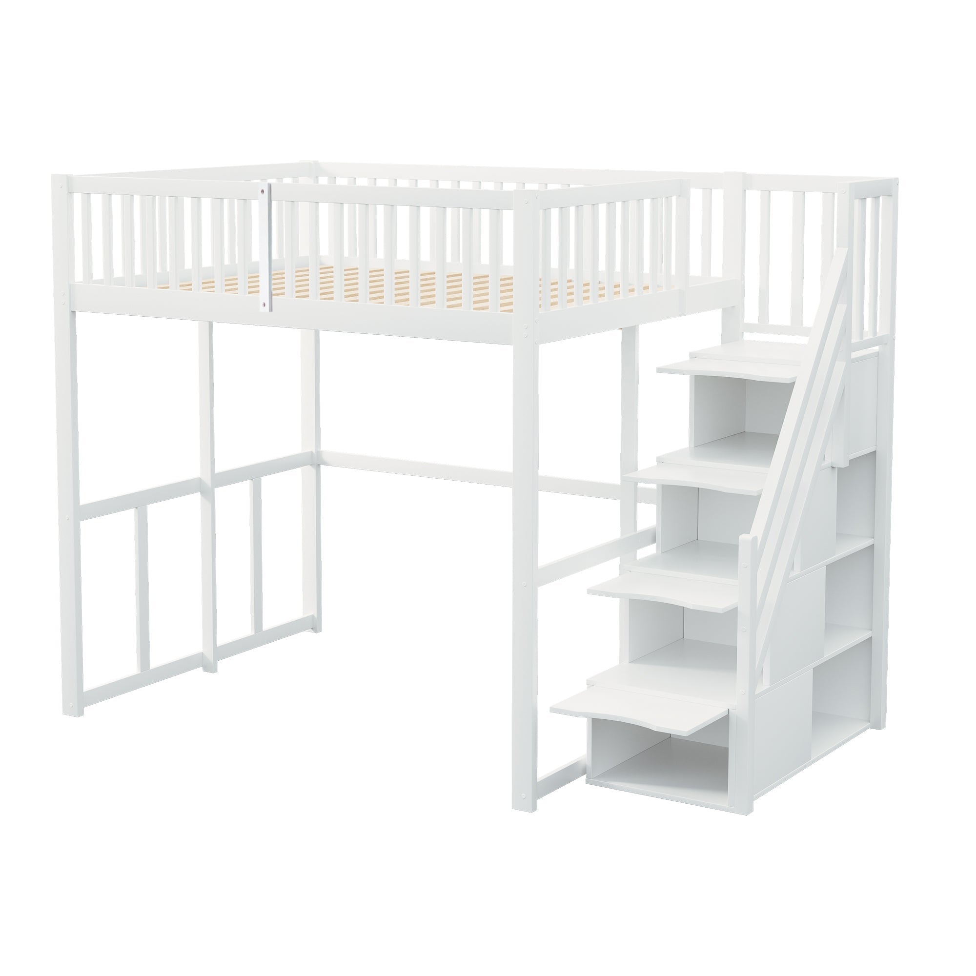 Loft Bed 140x200cm with Safety Storage Ladder and Railing, White Solid Pine Wood
