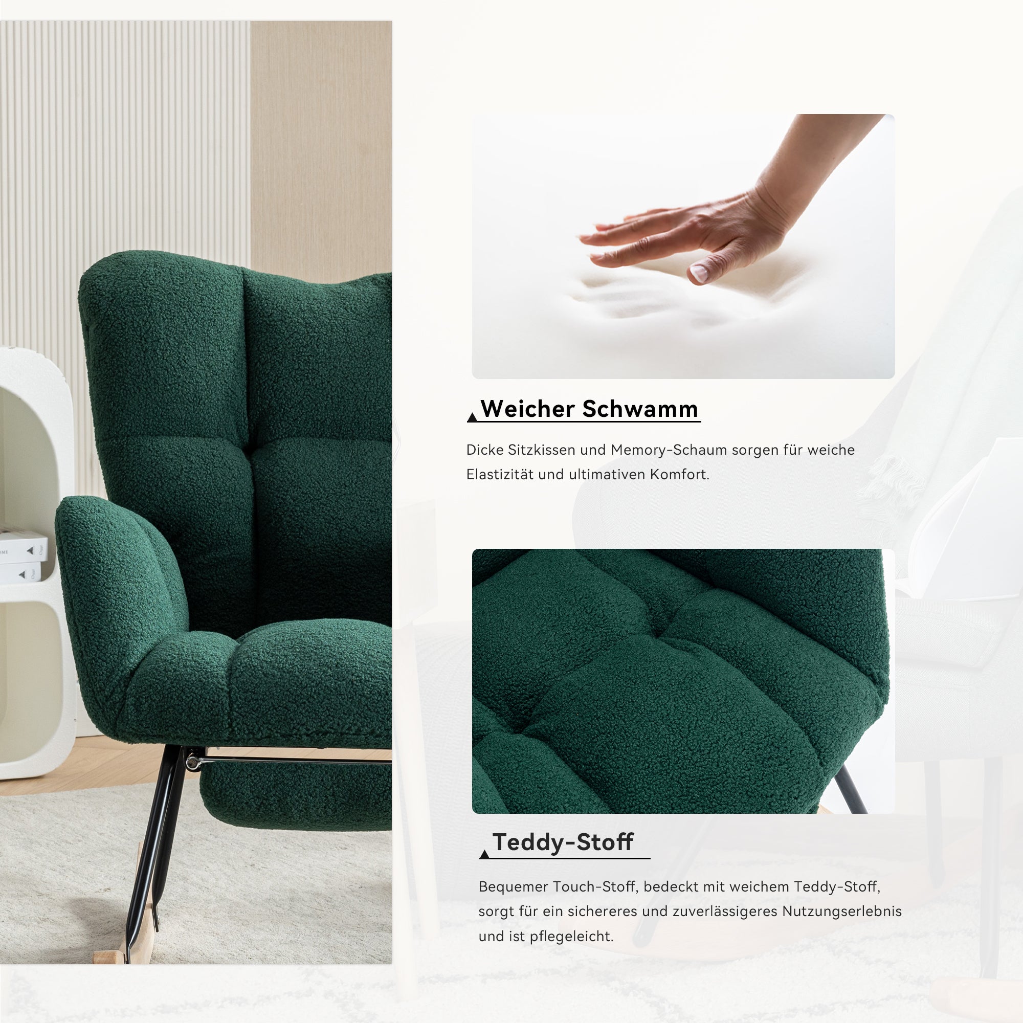 009B Rocking Chair, Modern Upholstered, Extendable Footrest, Green Teddy Fabric