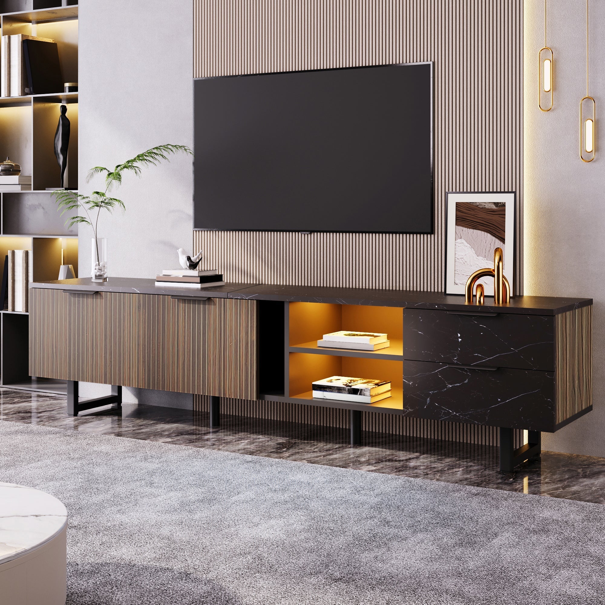 200cm TV Cabinet, Adjustable LED Lighting, Two Doors/Drawers, Black Marble Look/Dark Wood Grain