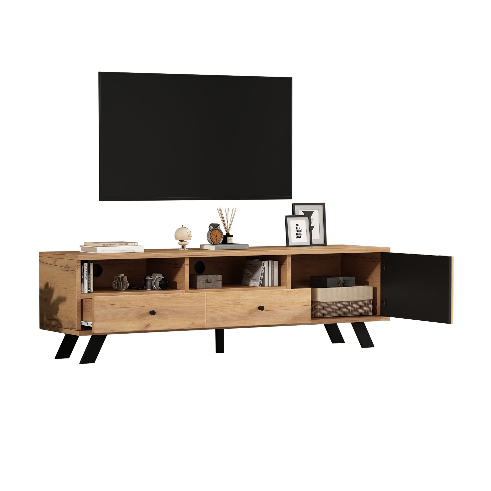 Living Room Combination, 120cm Sideboard + 150cm TV Cabinet, 5-Tier Storage, Solid Black Wood