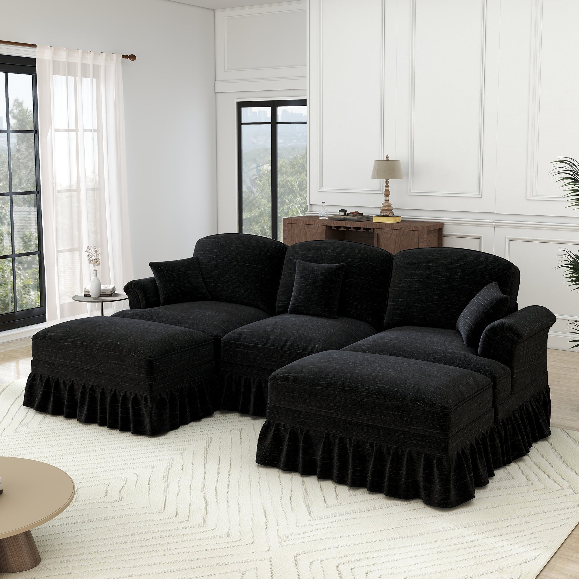 Modular U-Shaped Sofa Movable Ottoman Ruffled Apron Chenille Black