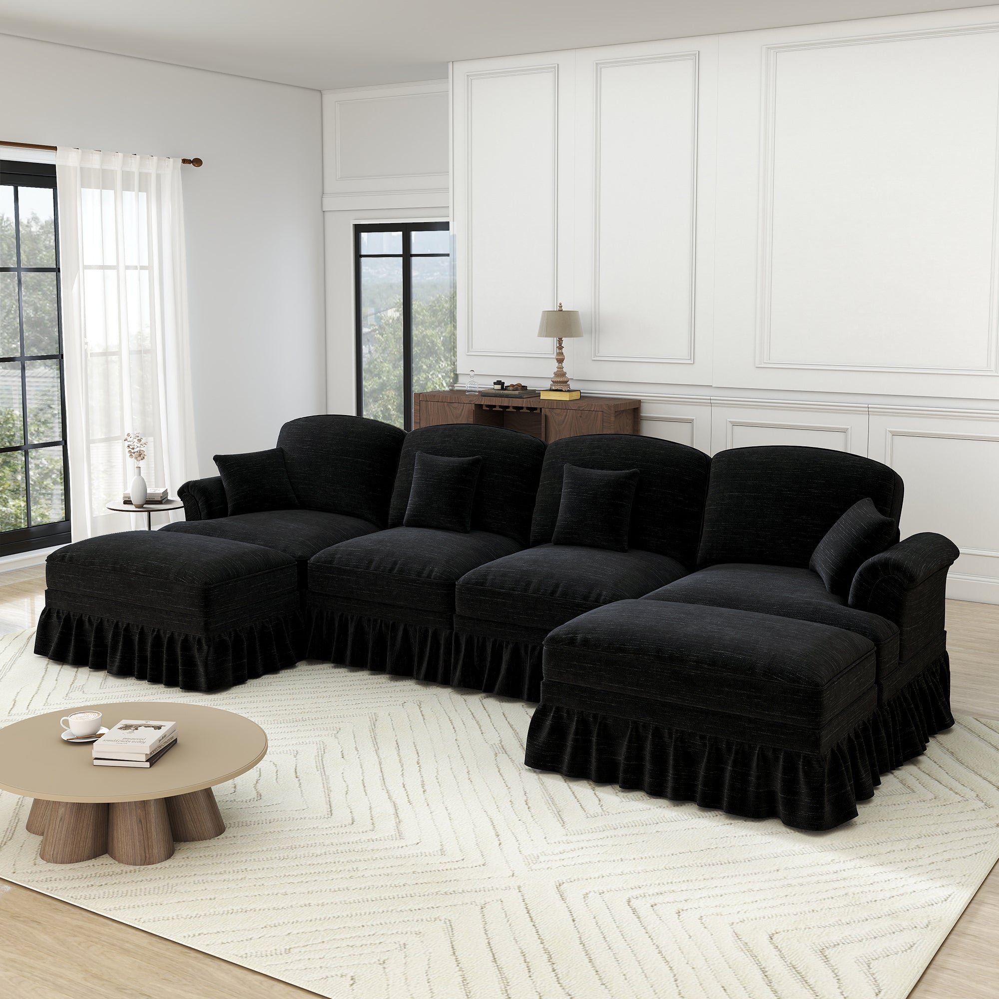 Classic U-shaped Modular Sofa 4-Seater Movable Ottoman Removable Apron - Chenille Black