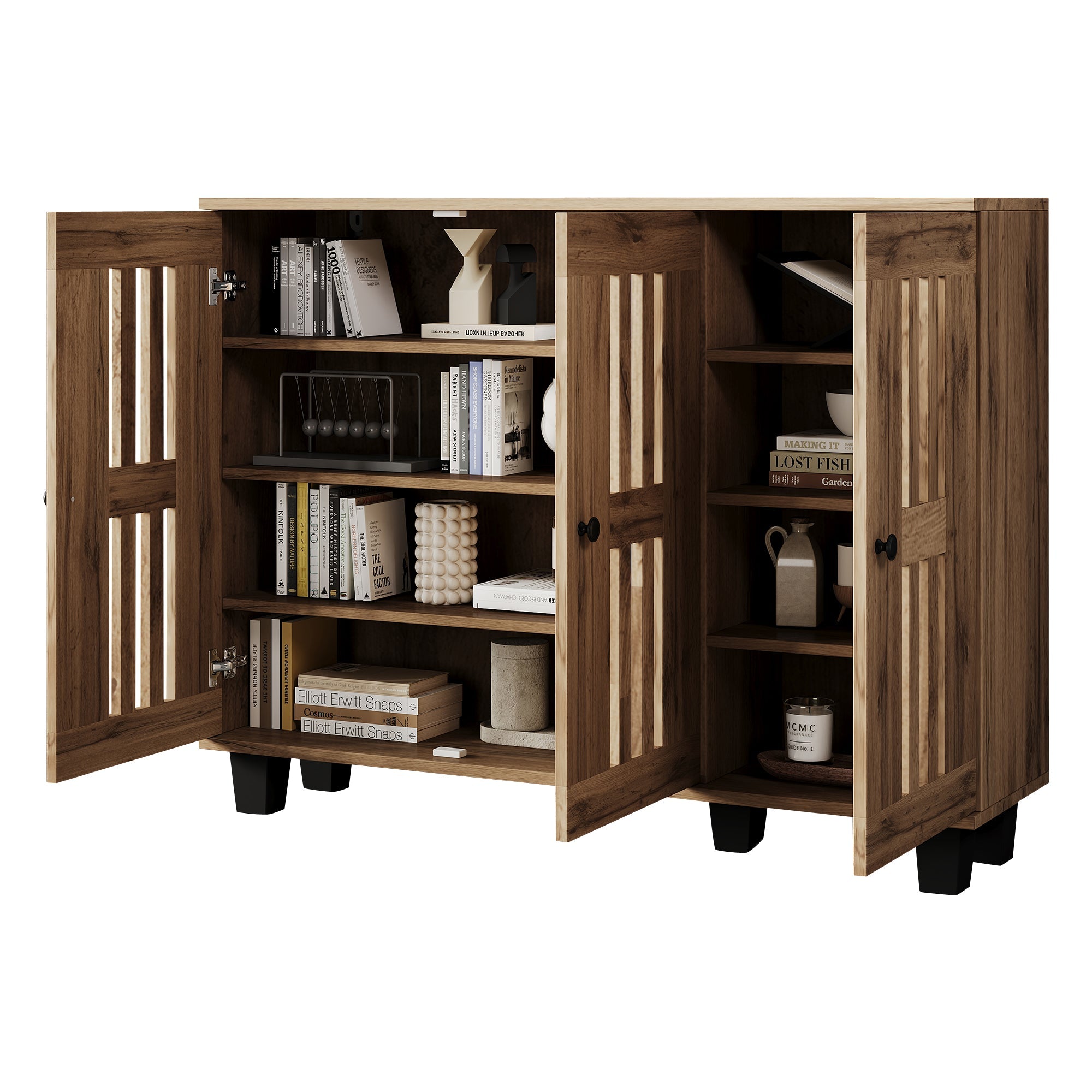 Side Cabinet, 120x32x92cm 3-Door with 8 Storage Compartments for Living Room, Bedroom, Office, Entryway