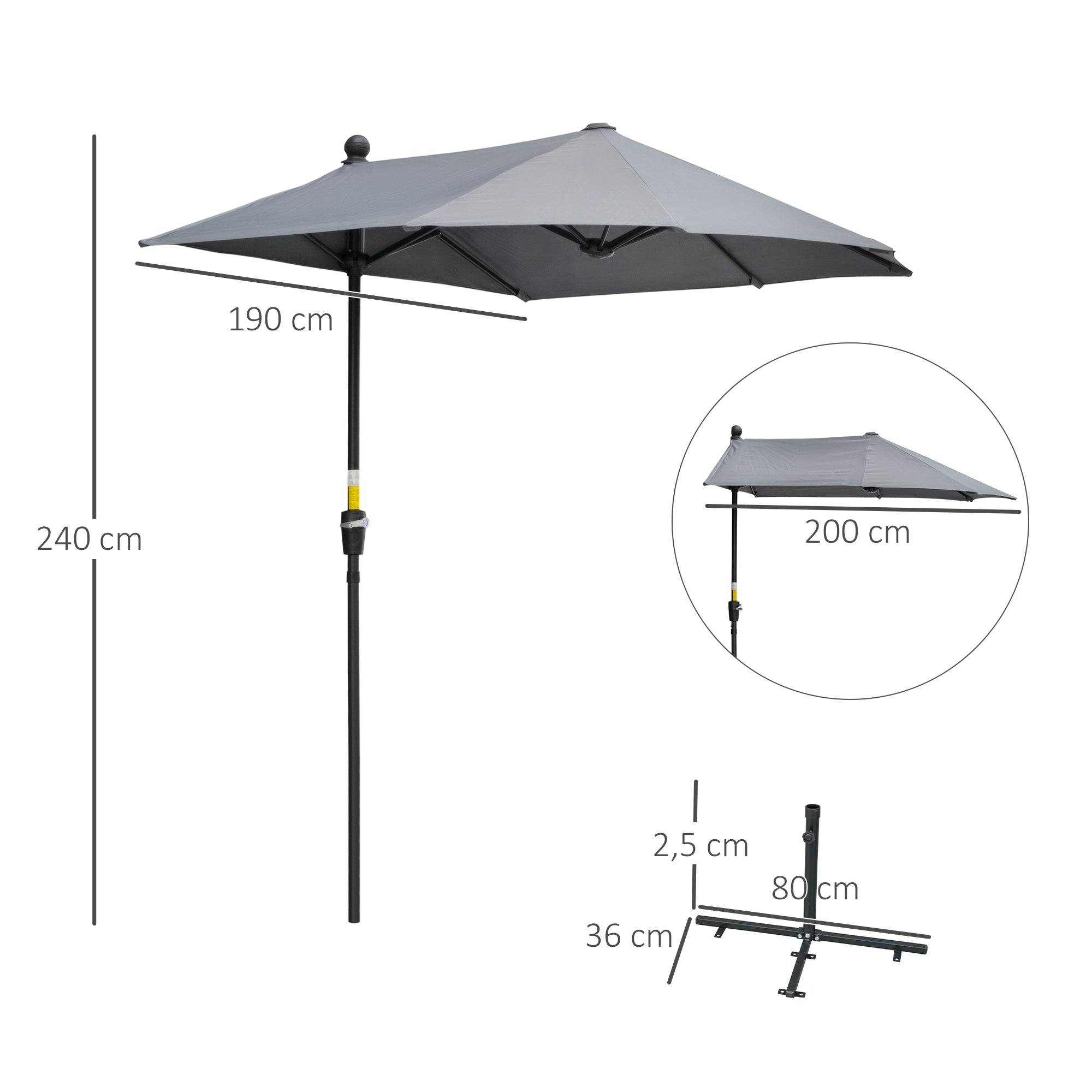 2m Half Parasol Market Umbrella with Crank Handle, Base, Double-Sided Canopy, Dark Grey