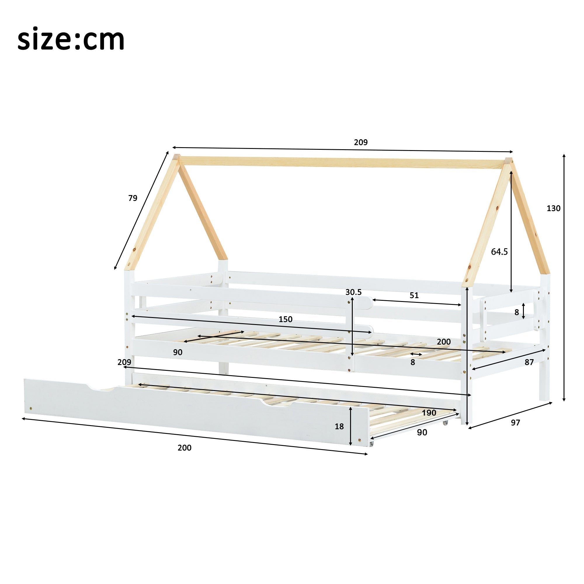 Treehouse Bed, Single with Pull-Out & Sliding Rollers, Solid Wood White & Natural