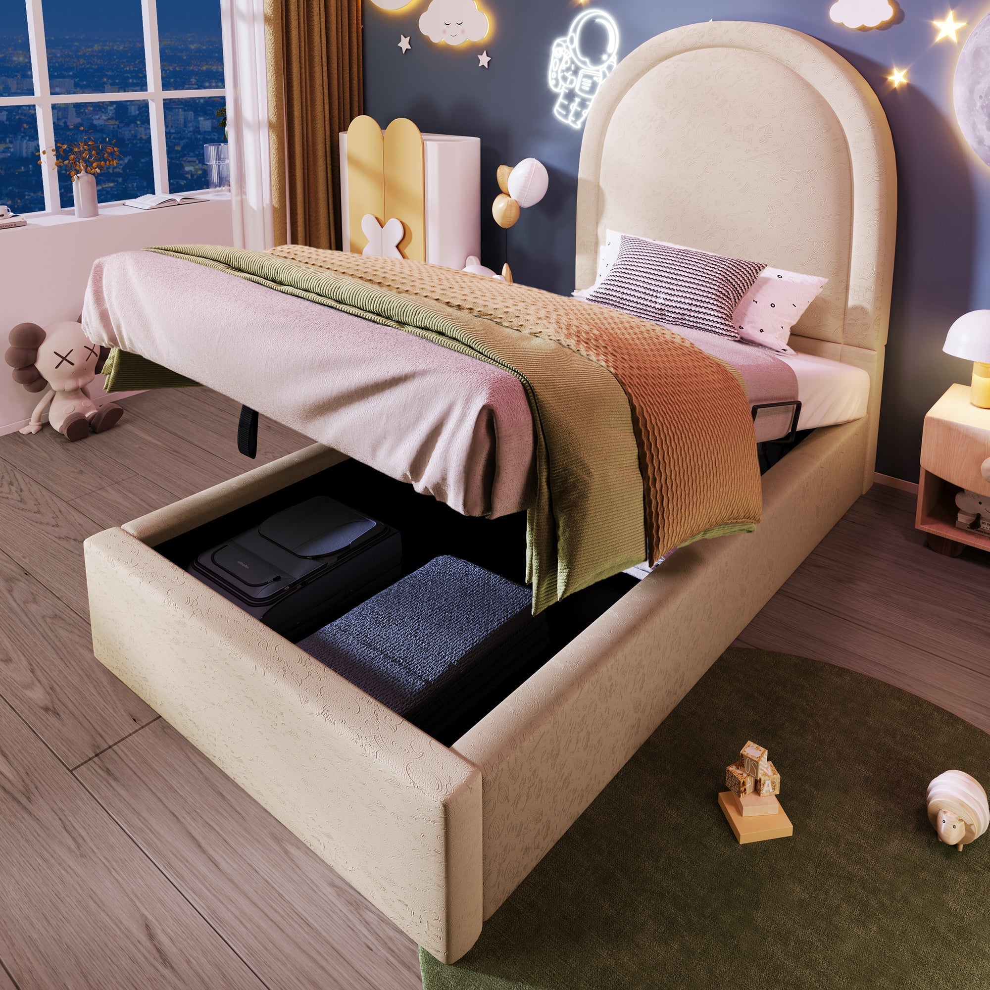 Upholstered children's bed, single bed with cosmic pattern, 90 x 190 cm, beige PU