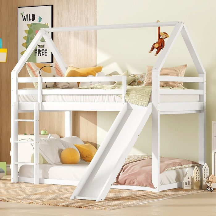 Children's House Bunk Bed 90x200cm with Slide and Ladder - White