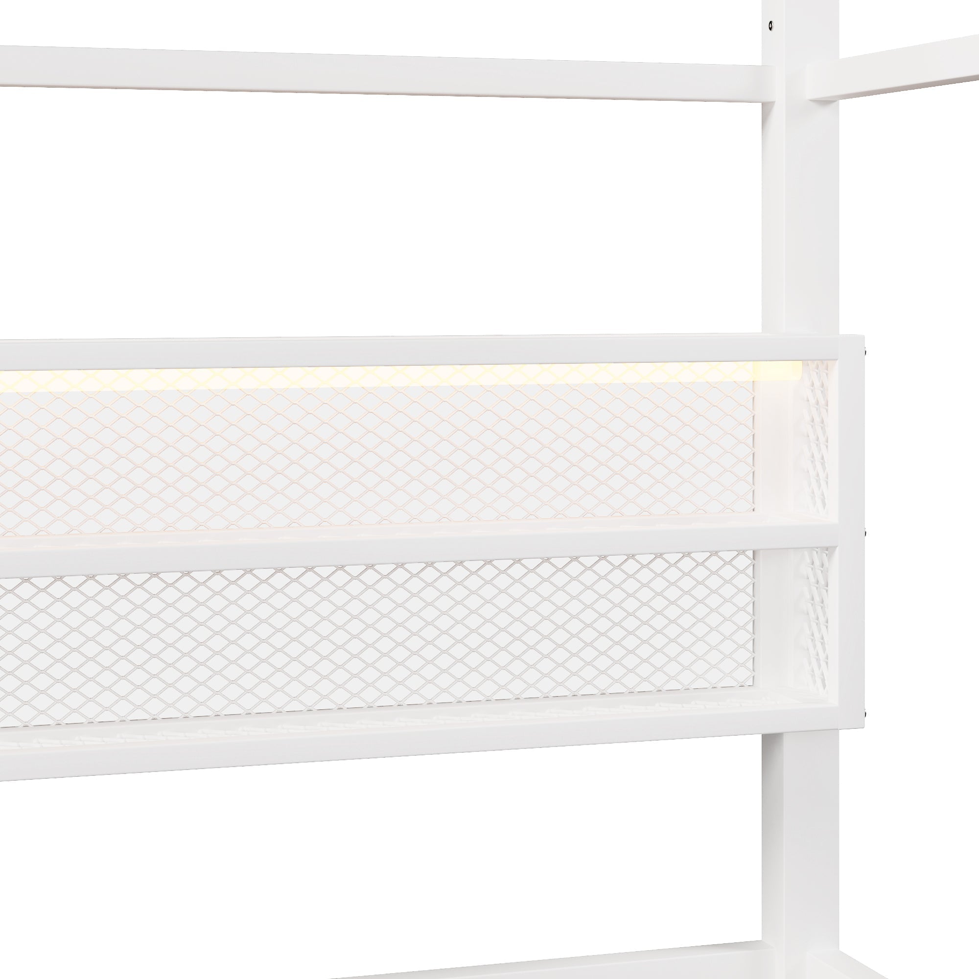 House-Shaped Platform Bed with Fence and LED Lighting, 90x200cm, White Metal