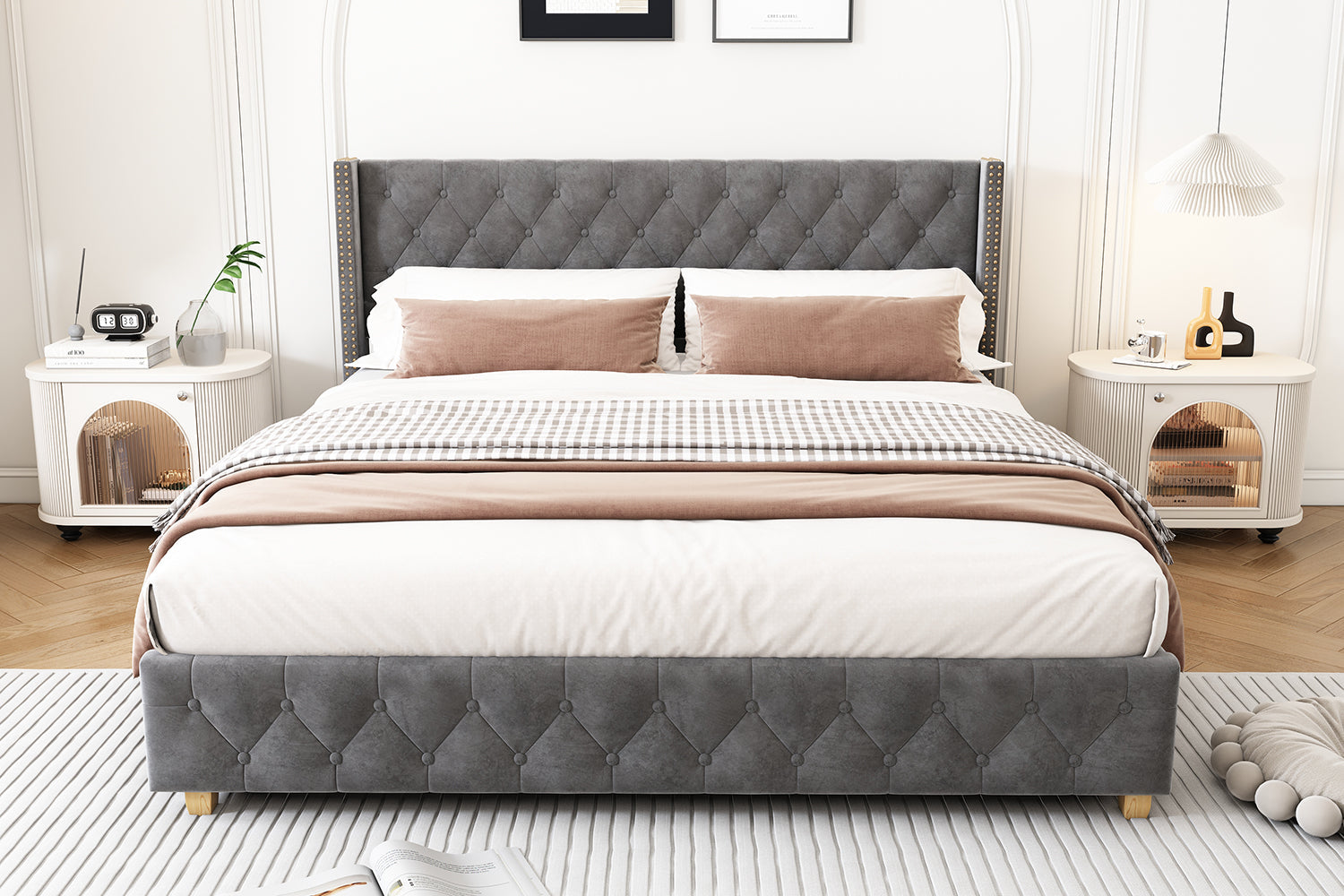 Lit rembourré 140x190cm Tête de lit Sommier à lattes Boutons Rivets Pieds en bois Velours gris