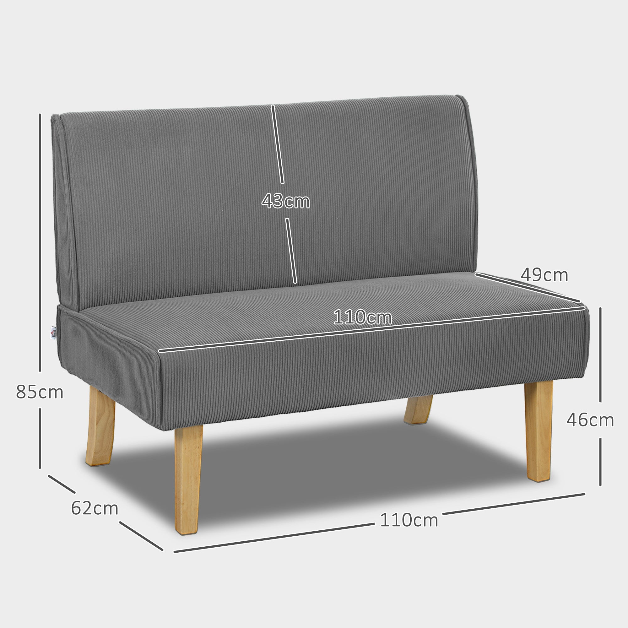 2-Seater Sofa Upholstered Wooden Legs 110cm Corduroy-Look, Grey