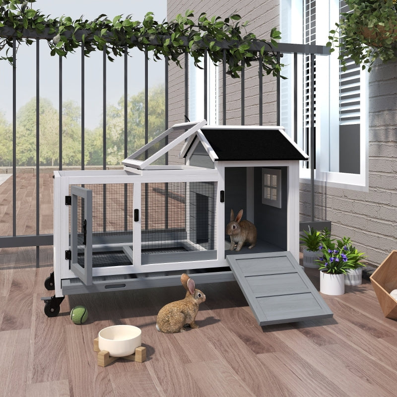 Rabbit Hutch, Guinea Pig Cage, Removable Tray, Wheels - Grey