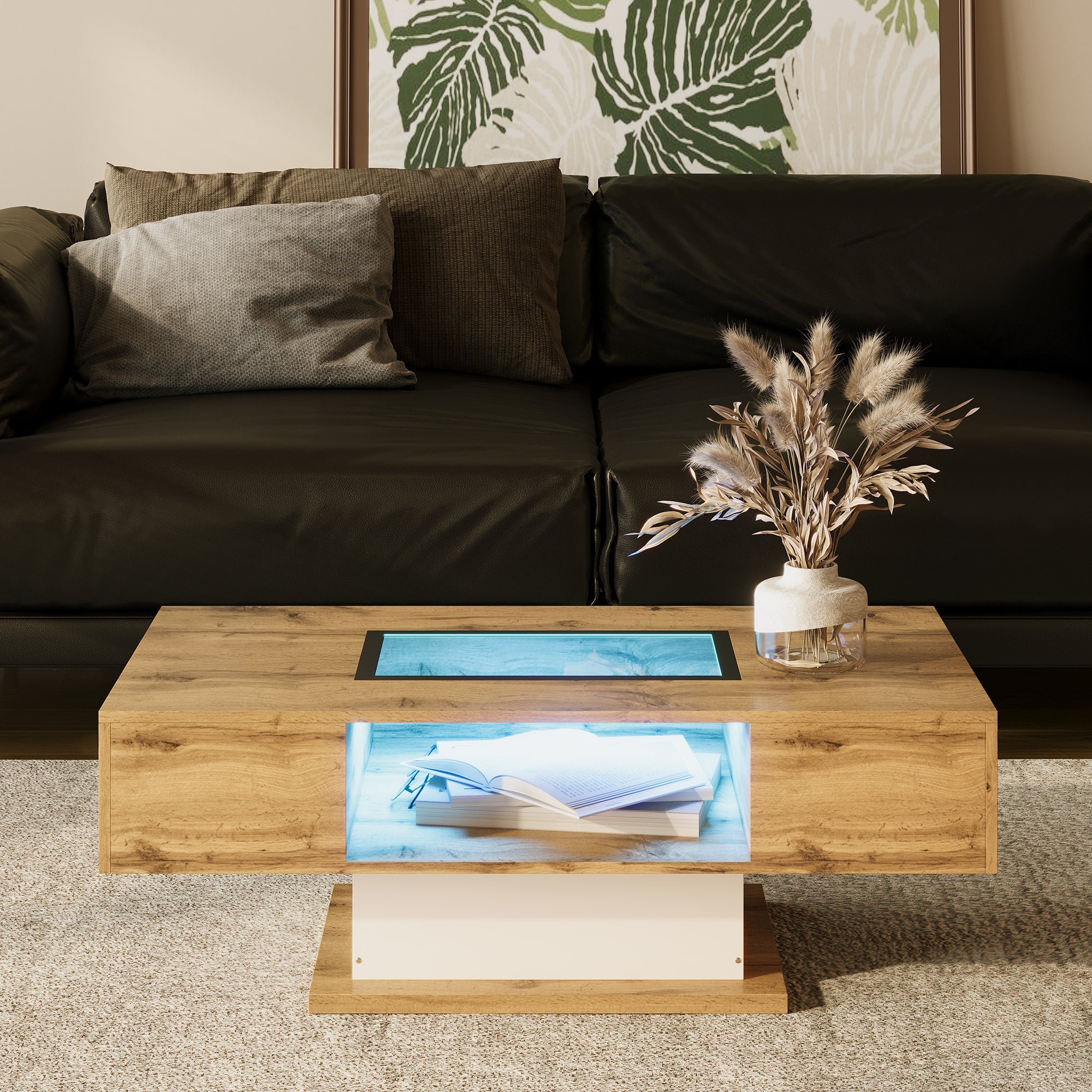 Coffee Table with Color-Changing LED Light, Glass, Two Drawers